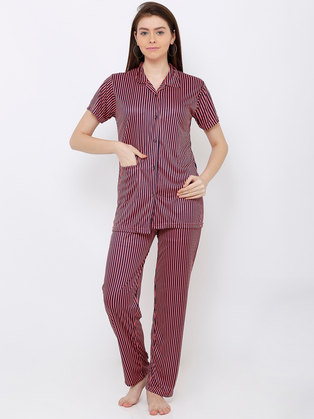 

Pretty Awesome Women Peach-Coloured & Black Striped Night Suit