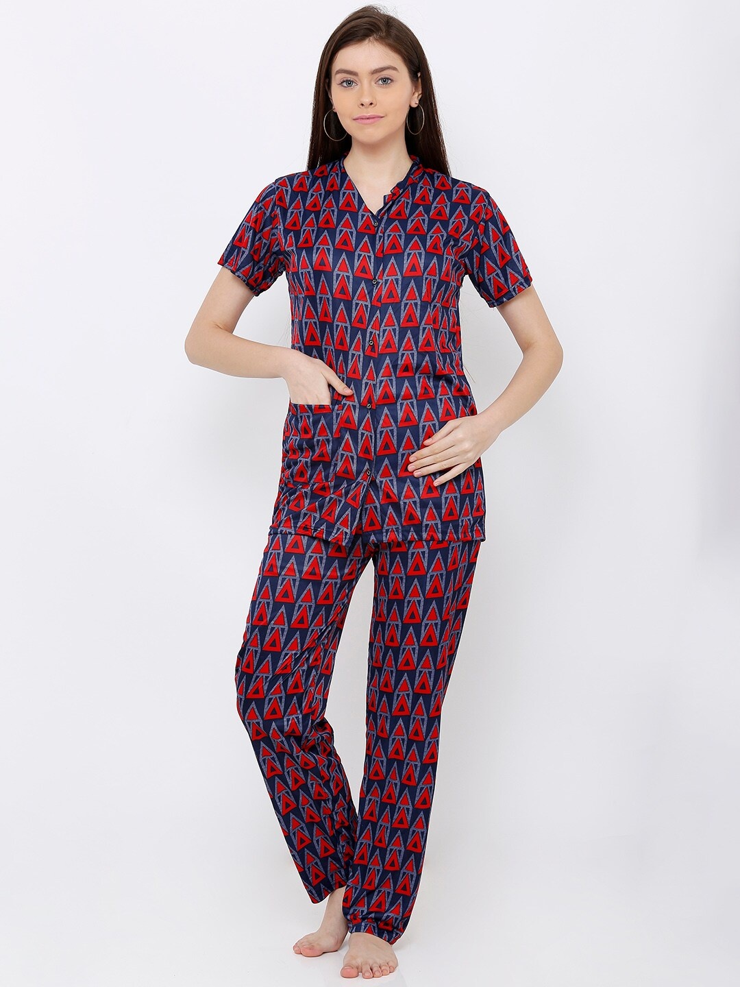 

Pretty Awesome Women Navy Blue & Red Printed Night Suit
