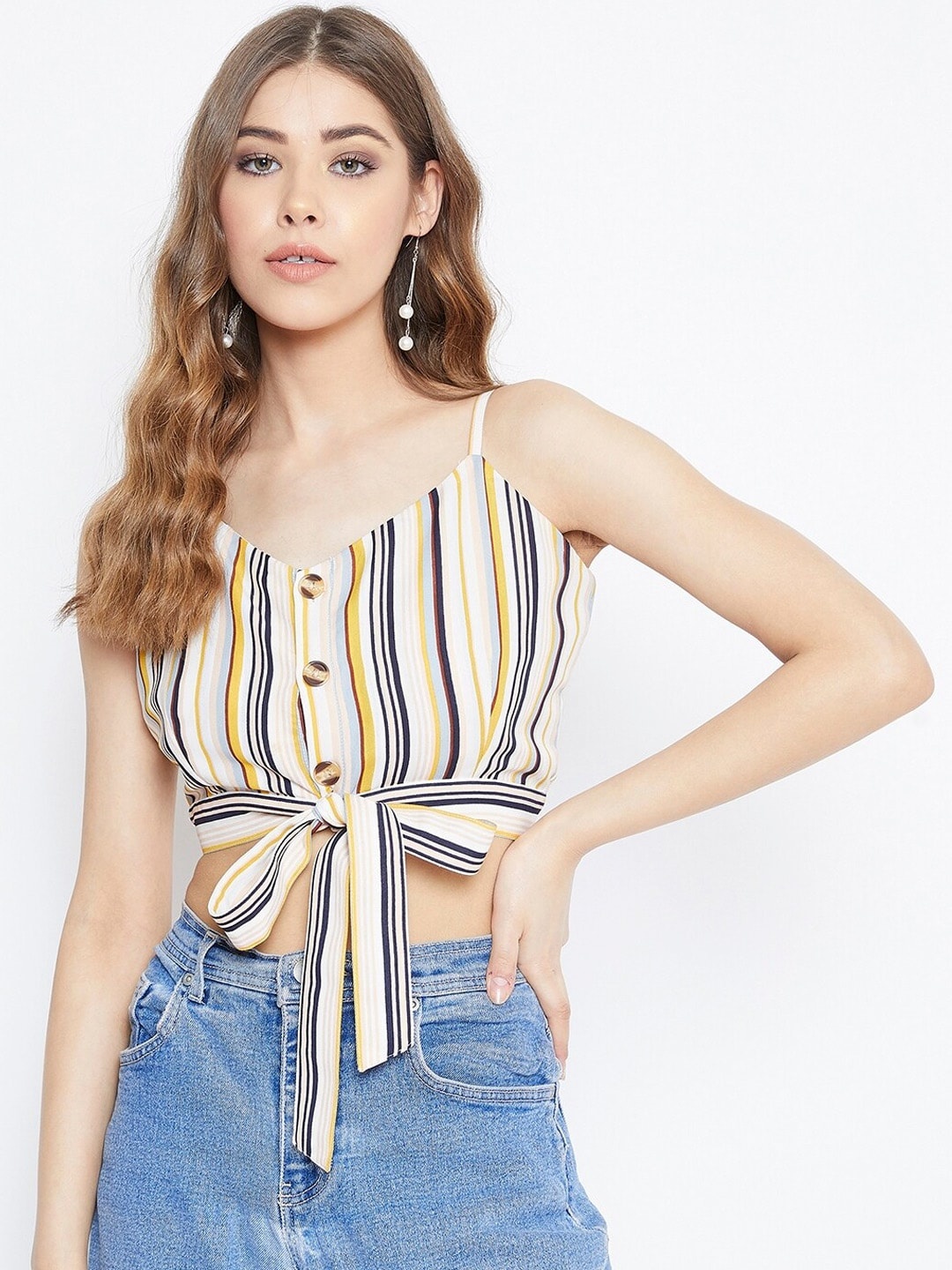 

Berrylush White & Yellow Striped Cinched Waist Top