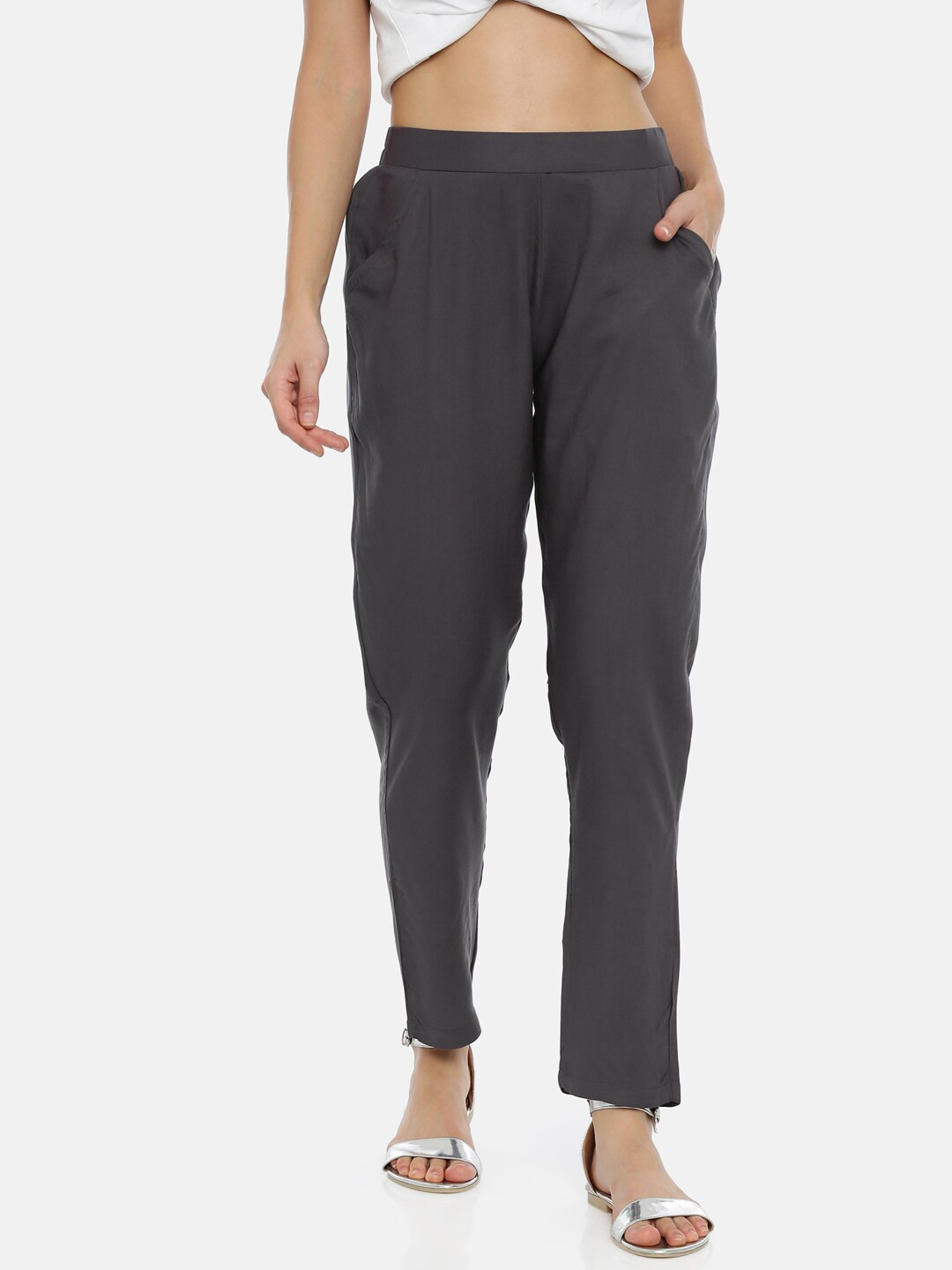 

GOLDSTROMS Women Charcoal Grey Slim Fit Solid Trousers