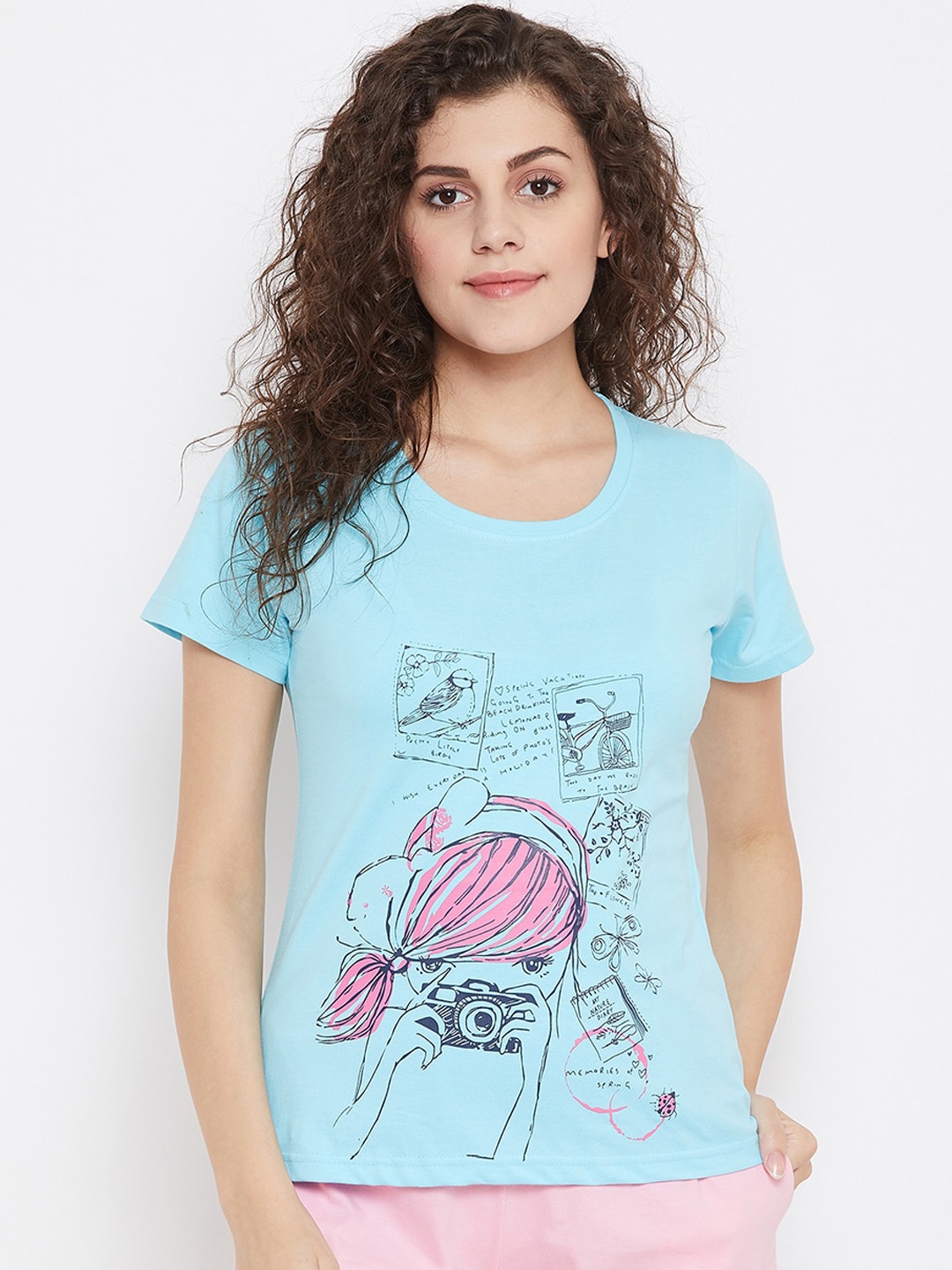 

Clovia Women Blue Printed Cotton Lounge T-Shirt
