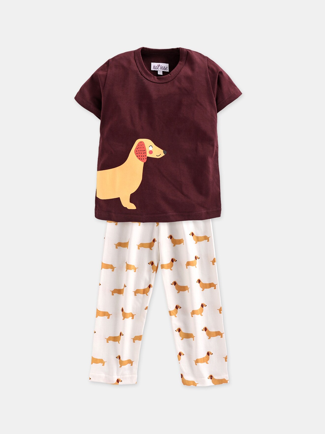 

Nite Flite Unisex Kids Maroon & White Printed Night Suit