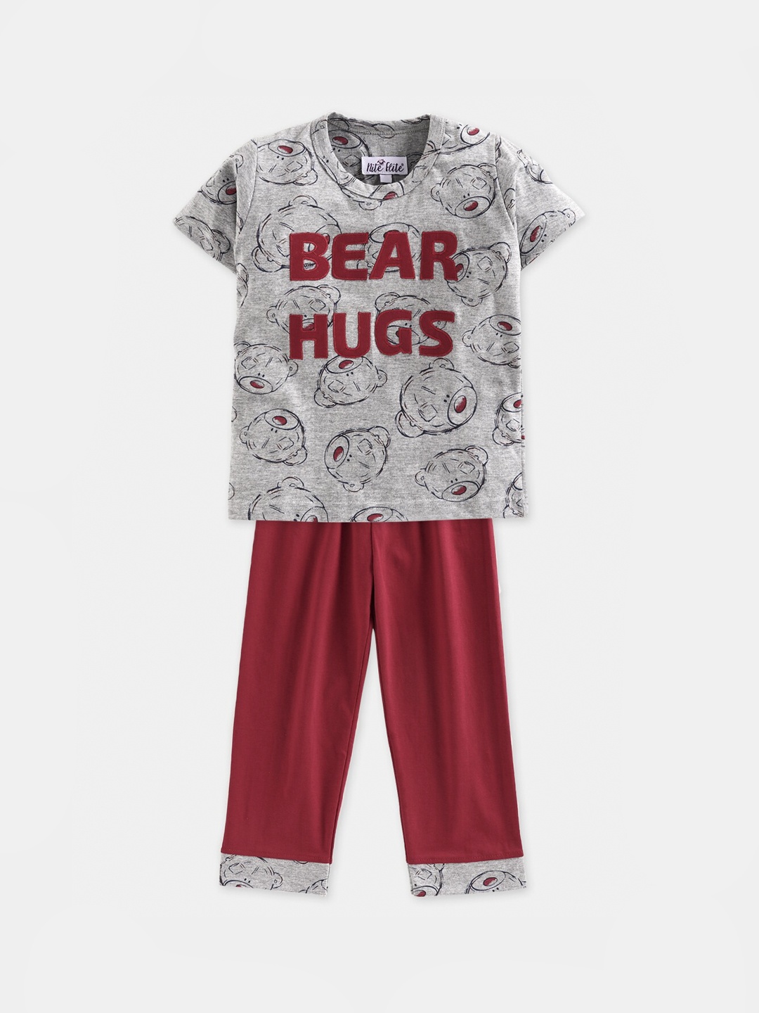 

Nite Flite Boys Grey & Red Bear Hugs Appliqued Night suit