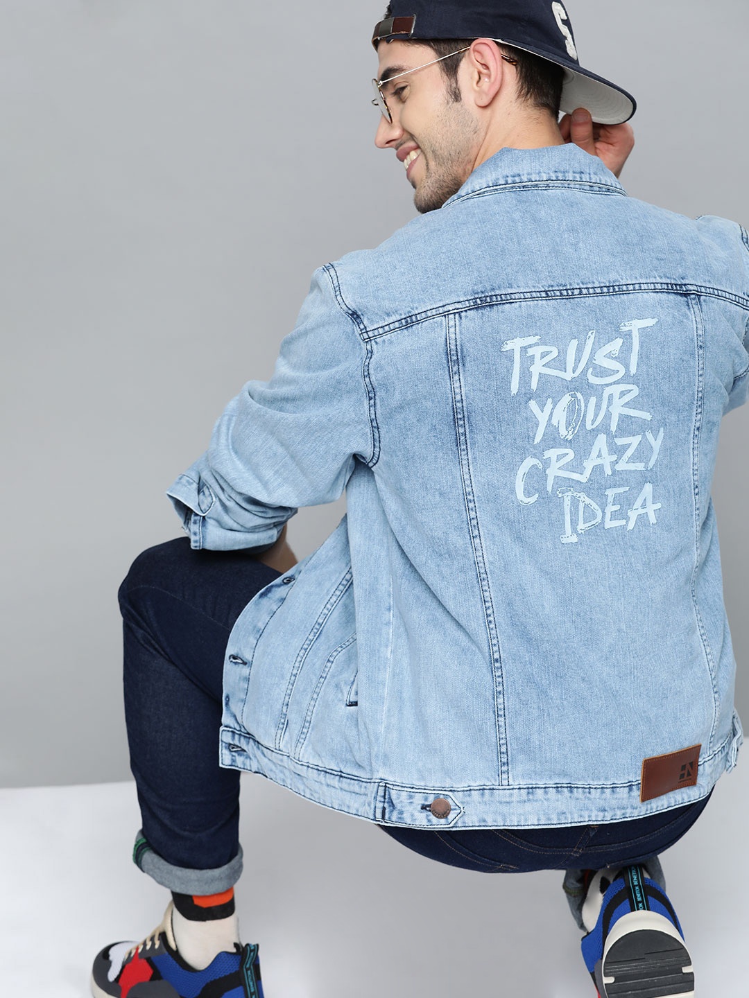 

HERE&NOW Men Blue Solid Denim Jacket with Back Printed Detail