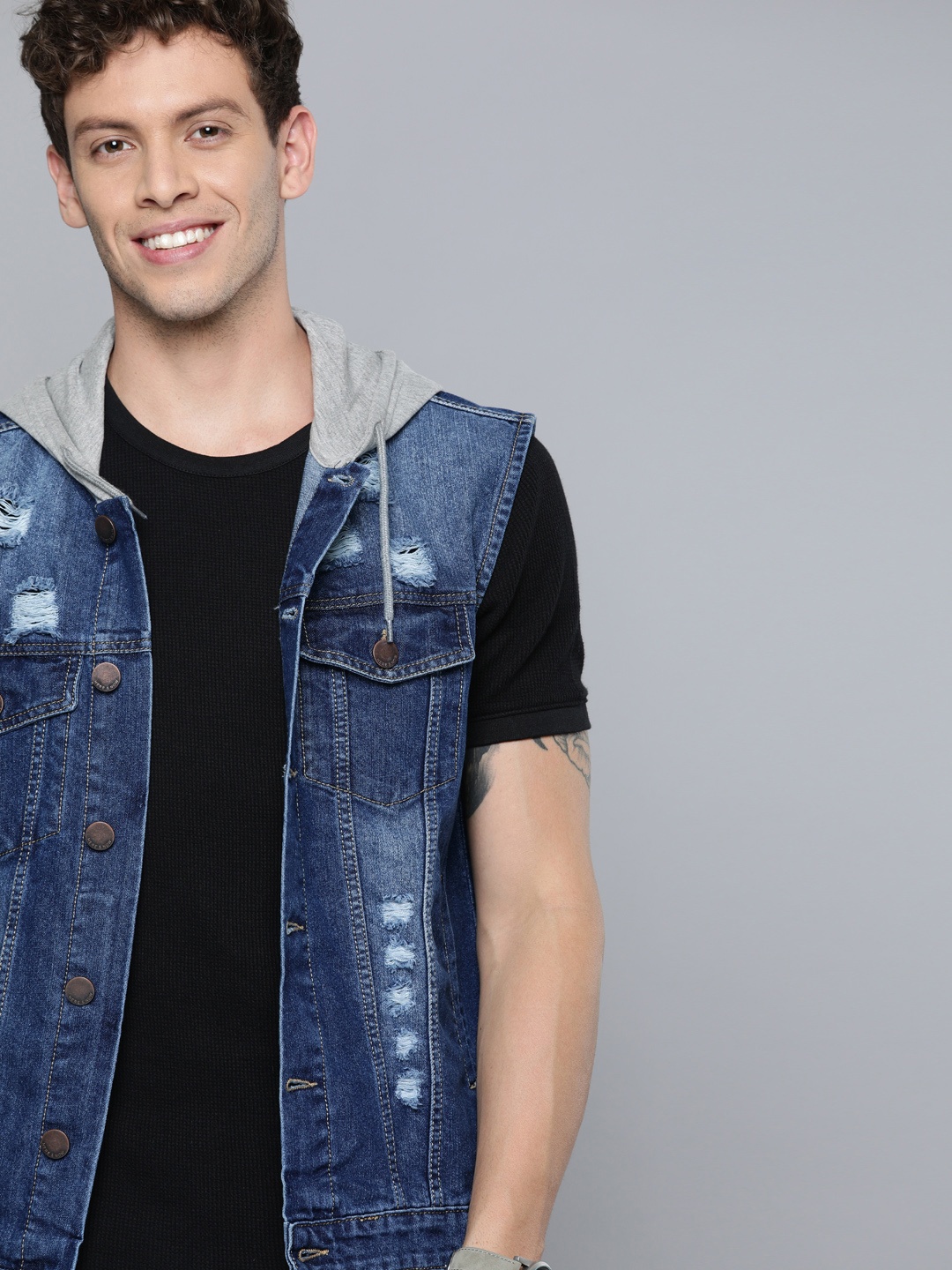 

HERE&NOW Men Blue Solid Denim Jacket