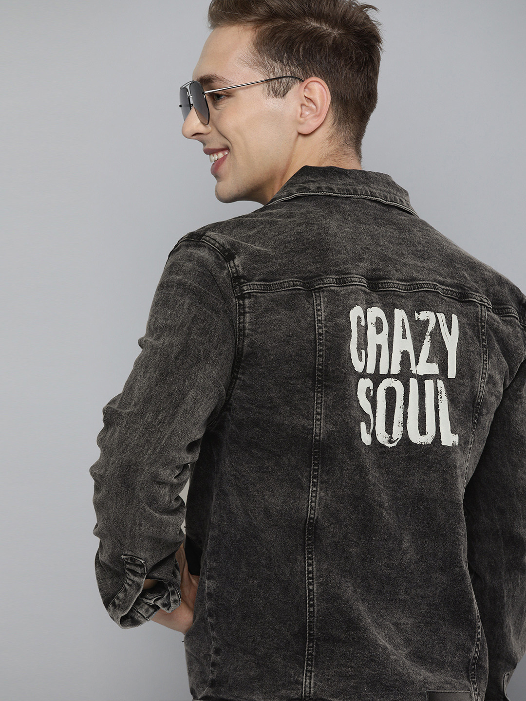 

HERE&NOW Men Charcoal Grey Washed Denim Jacket with Print