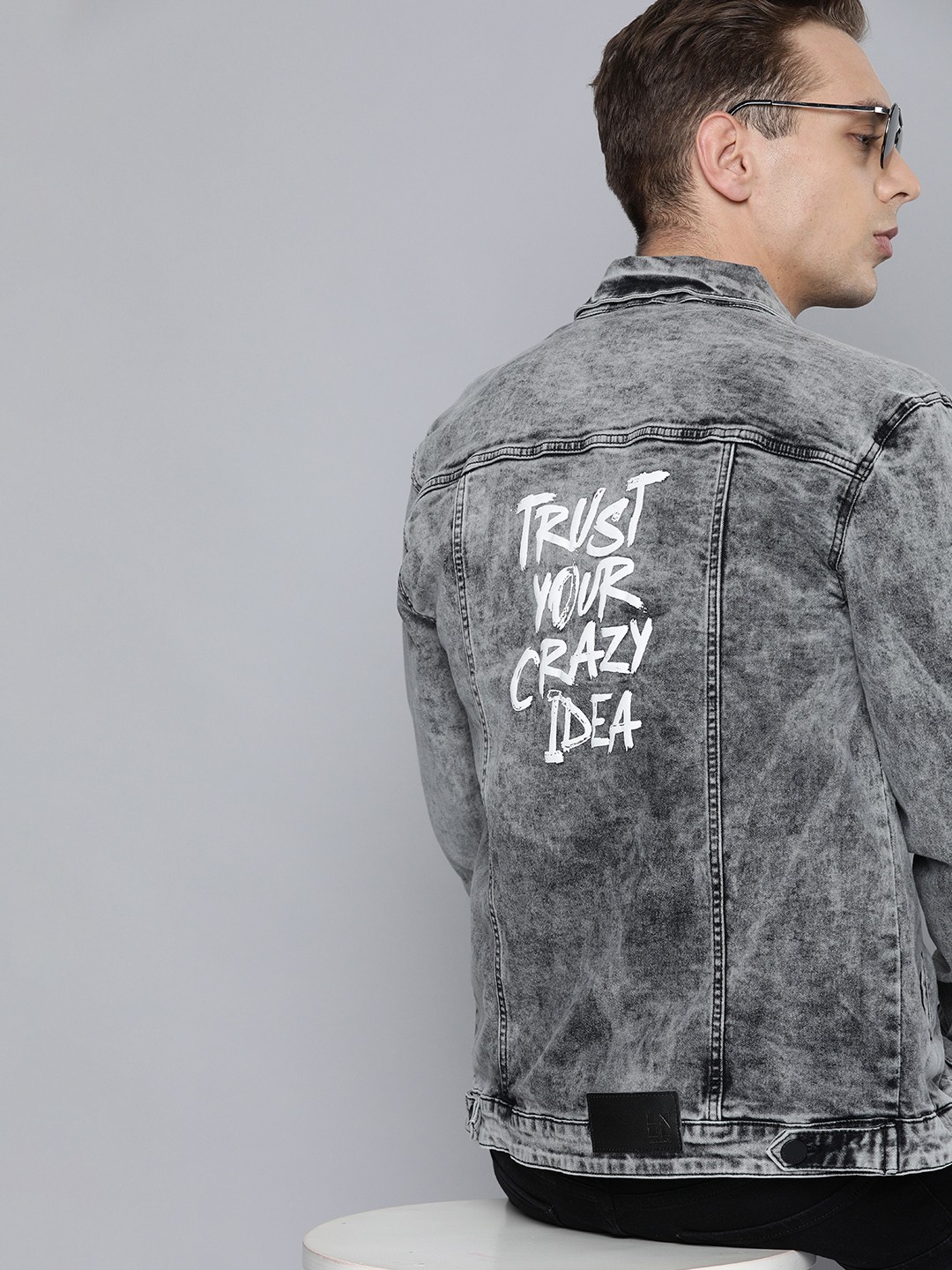 

HERE&NOW Men Grey Printed Denim Jacket