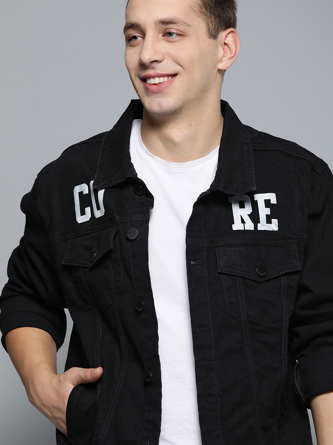 

HERE&NOW Men Black Solid Denim Jacket