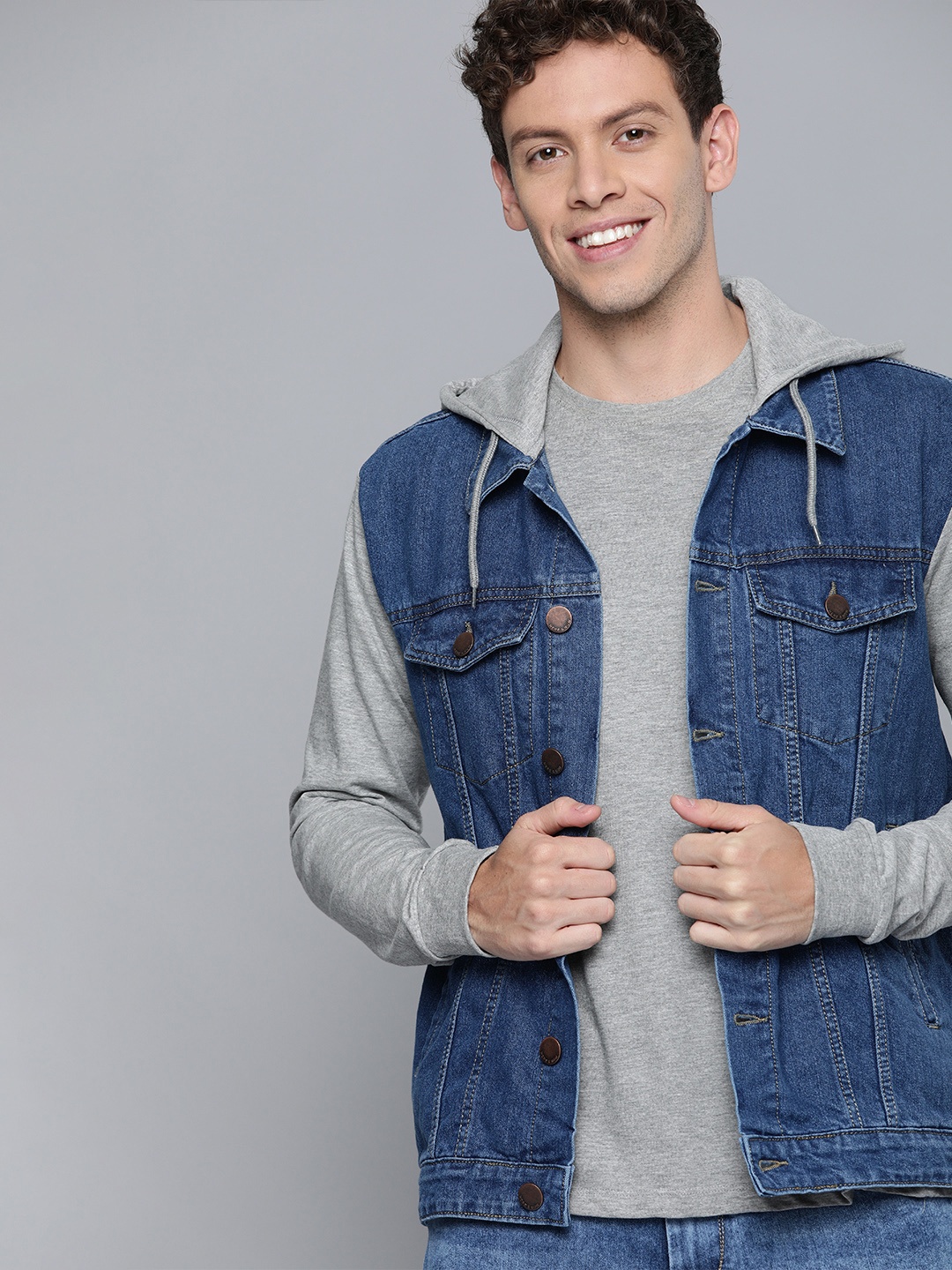 

HERE&NOW Men Blue Solid Hooded Denim Jacket