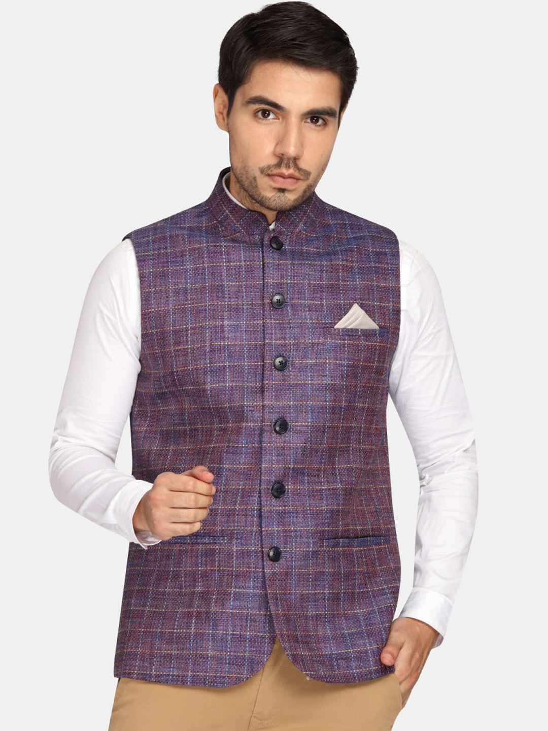 

Theme Men Purple Checked Woven Nehru Jacket