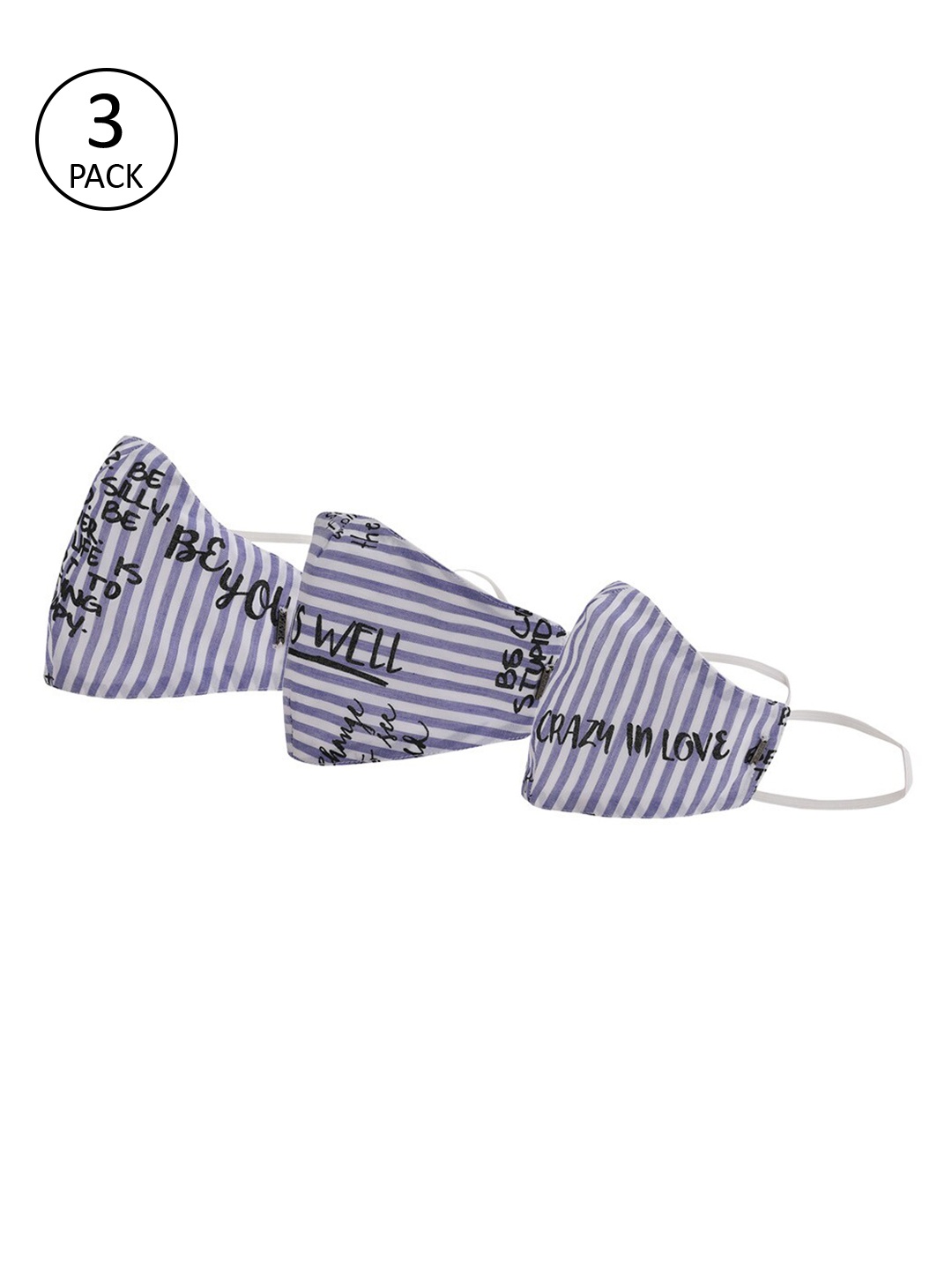 

Kazo Women Pack of 3 Blue & White Striped Single Layered Cloth Masks