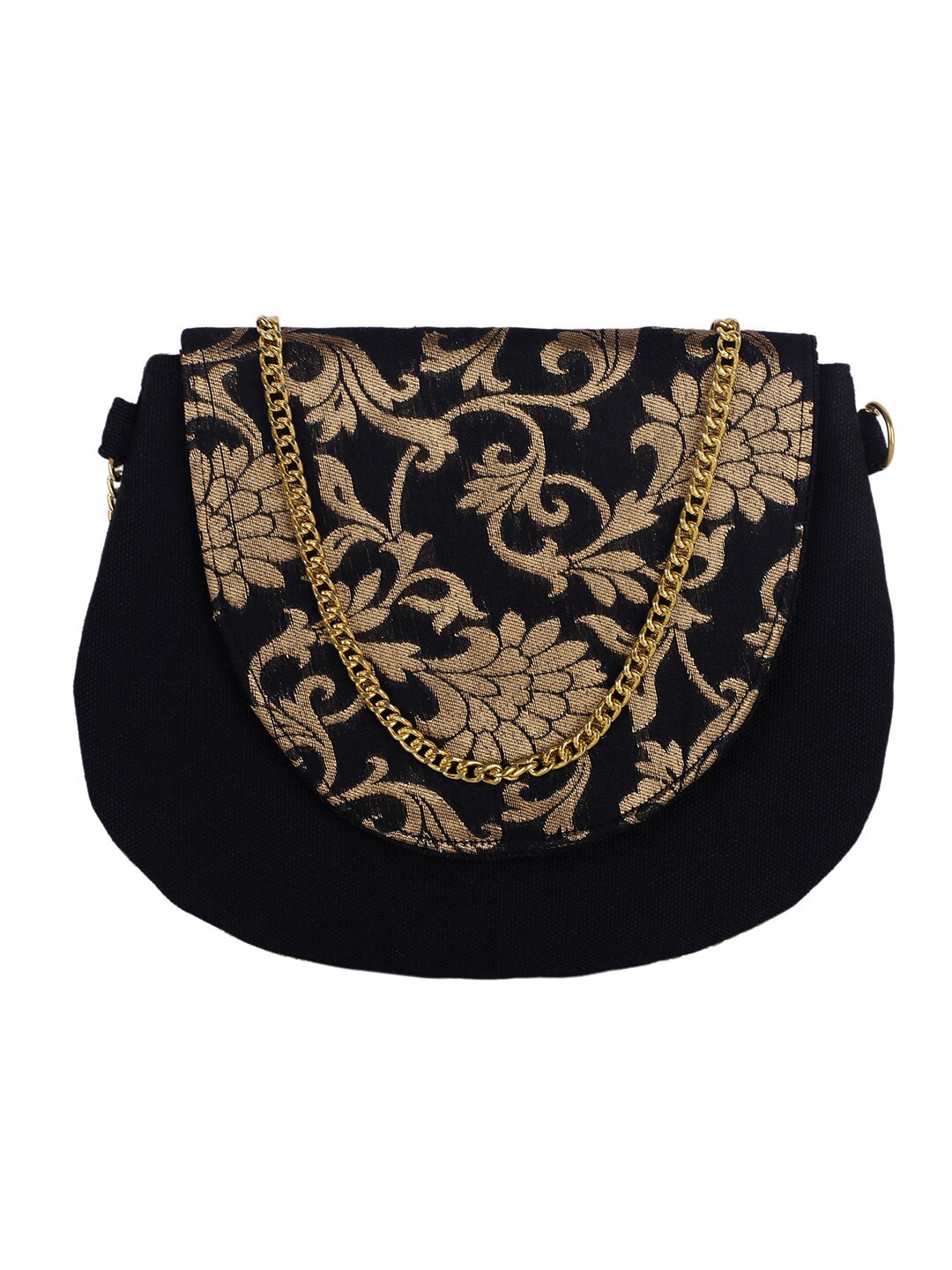 

REZZY Black & Gold-Toned Floral Self Design Sling Bag