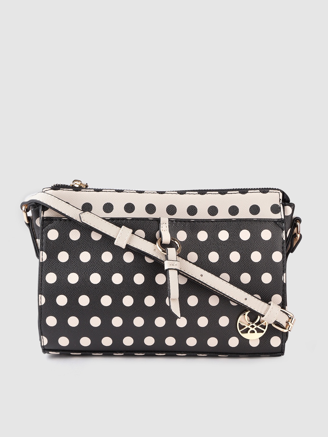 

United Colors of Benetton Black & Off-White Polka Dot Print Sling Bag