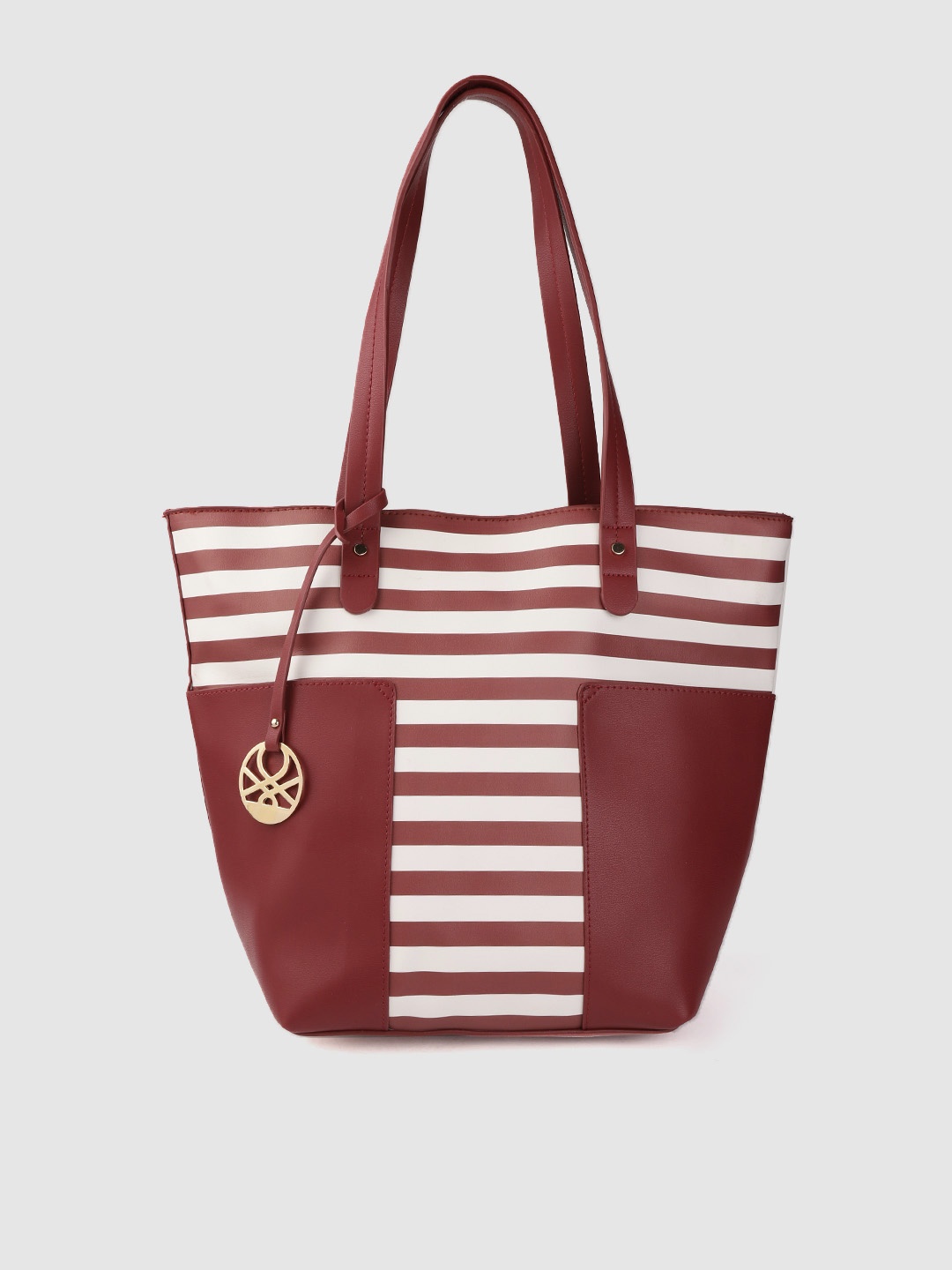 

United Colors of Benetton White & Burgundy Striped Tote Bag