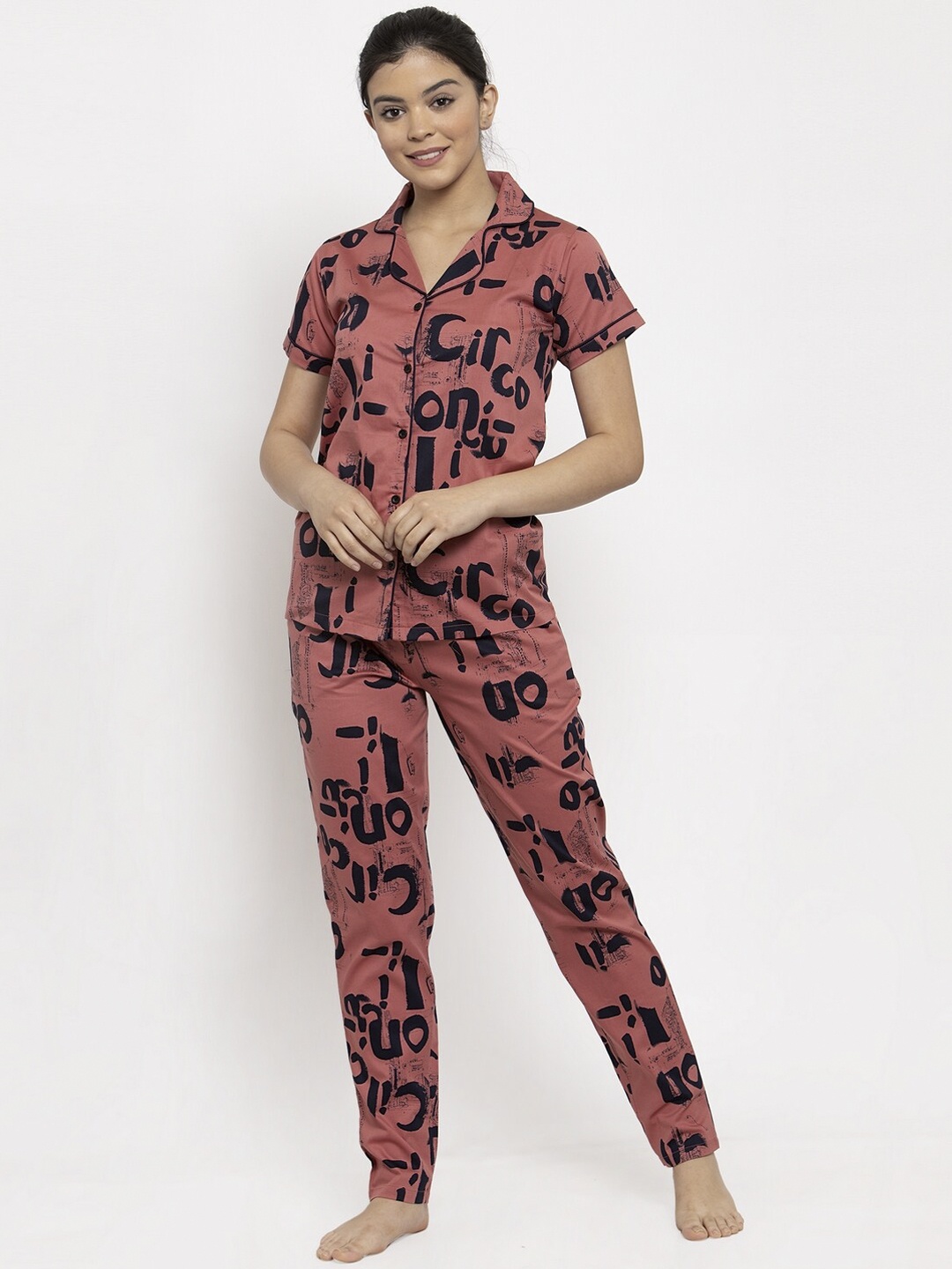 

Claura Women Rust & Black Printed Night suit