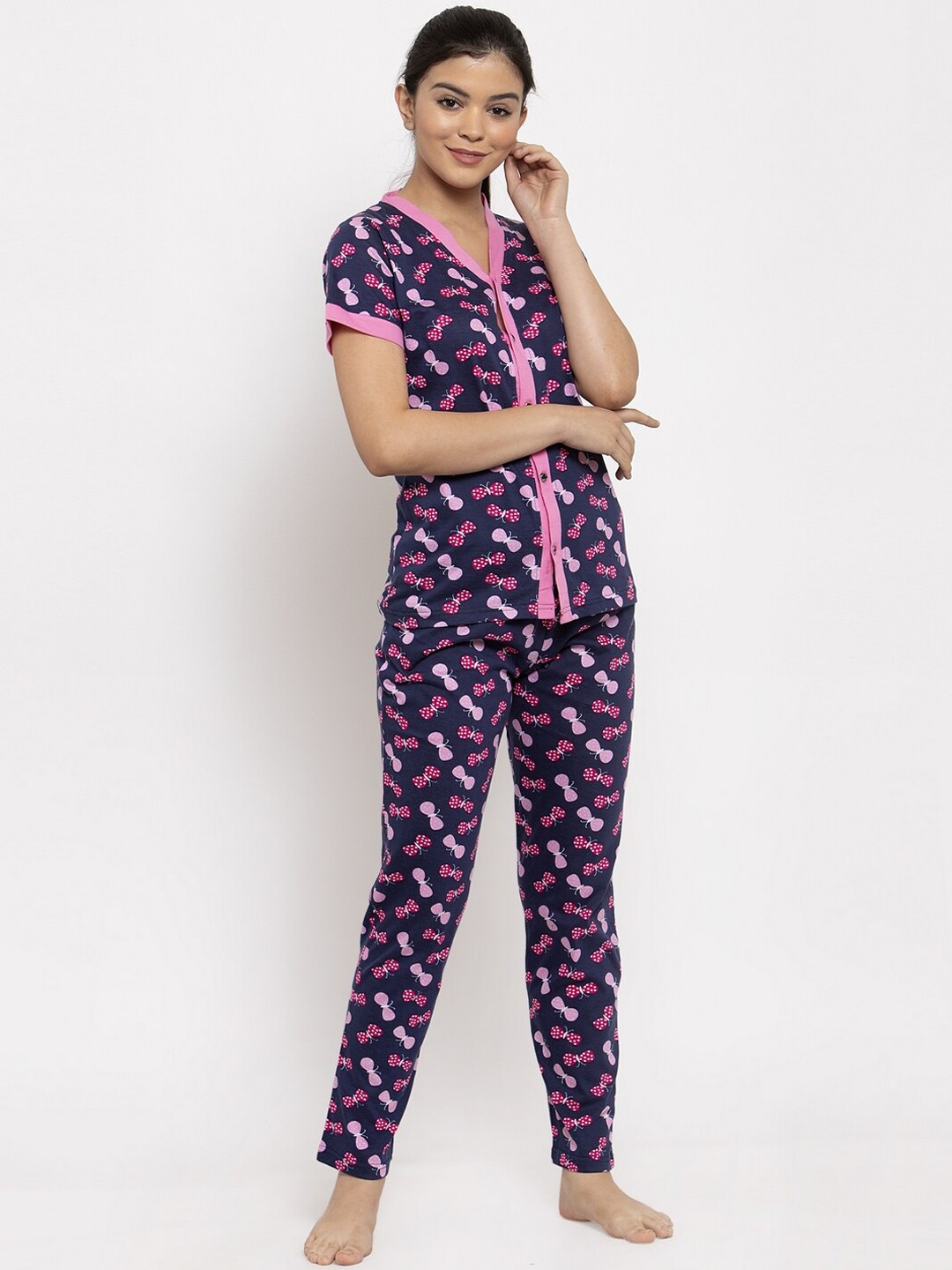 

Claura Women Navy Blue & Pink Printed Night suit