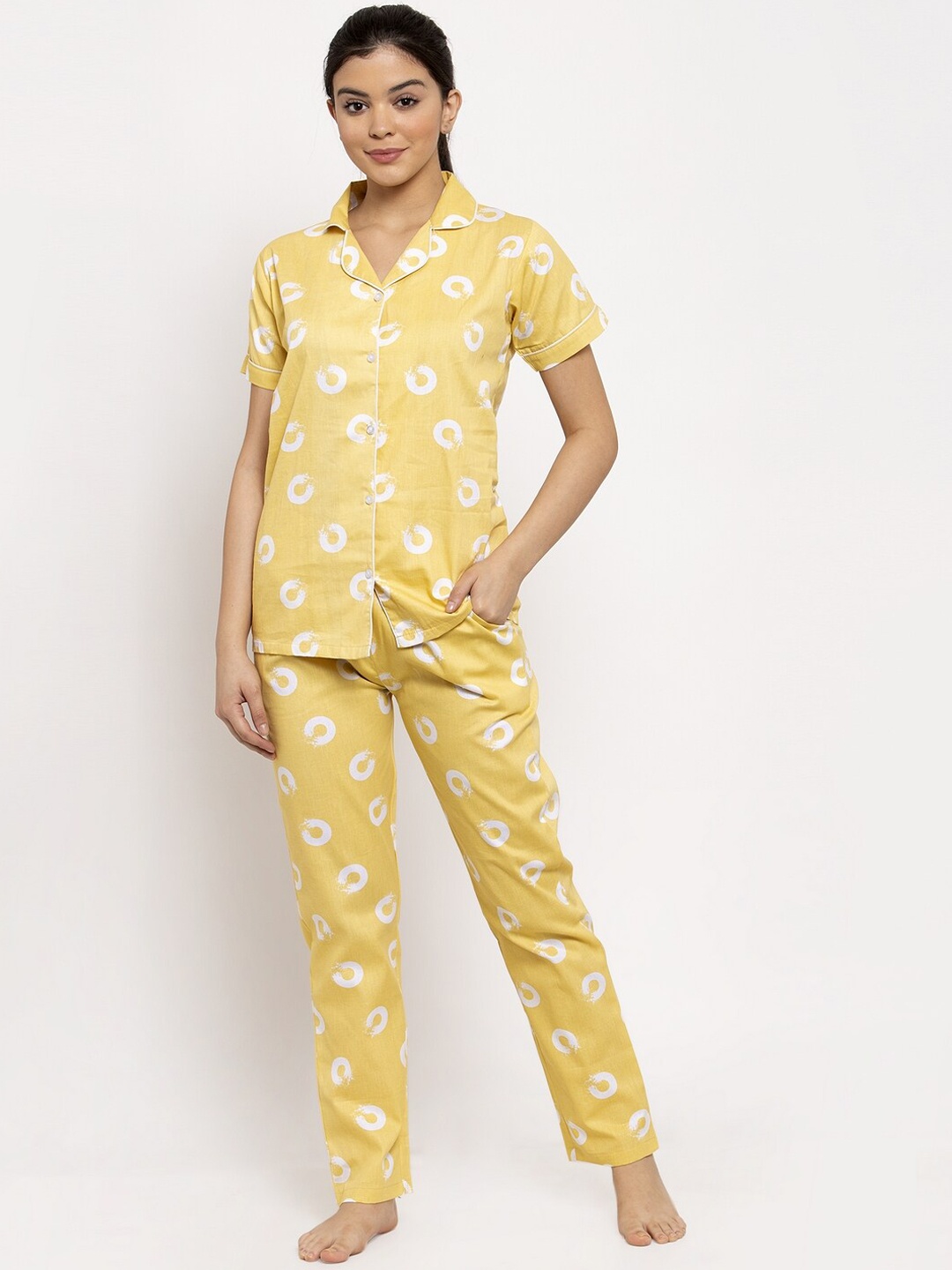 

Claura Women Yellow & White Printed Night suit