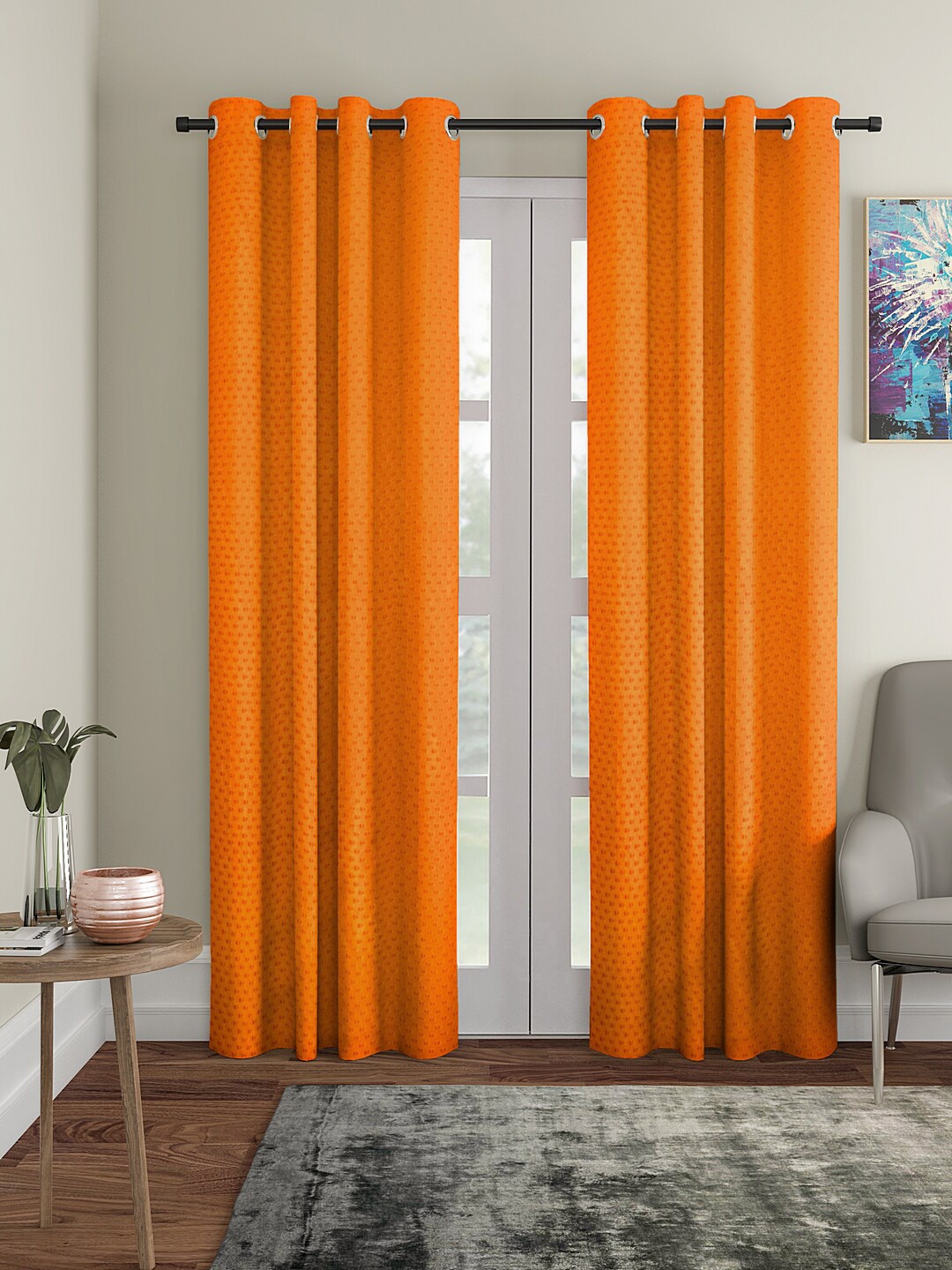 

Cortina Orange Set of 2 Polka Dots Embossed Plain Polyester Long Door Curtains