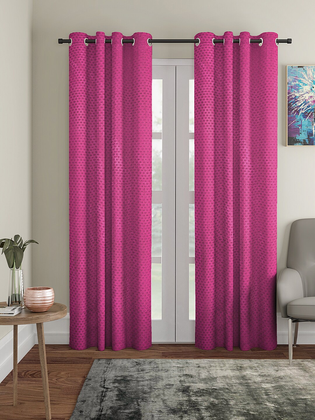 

Cortina Pink Set of 2 Polka Dots Embossed Plain Polyester Long Door Curtains