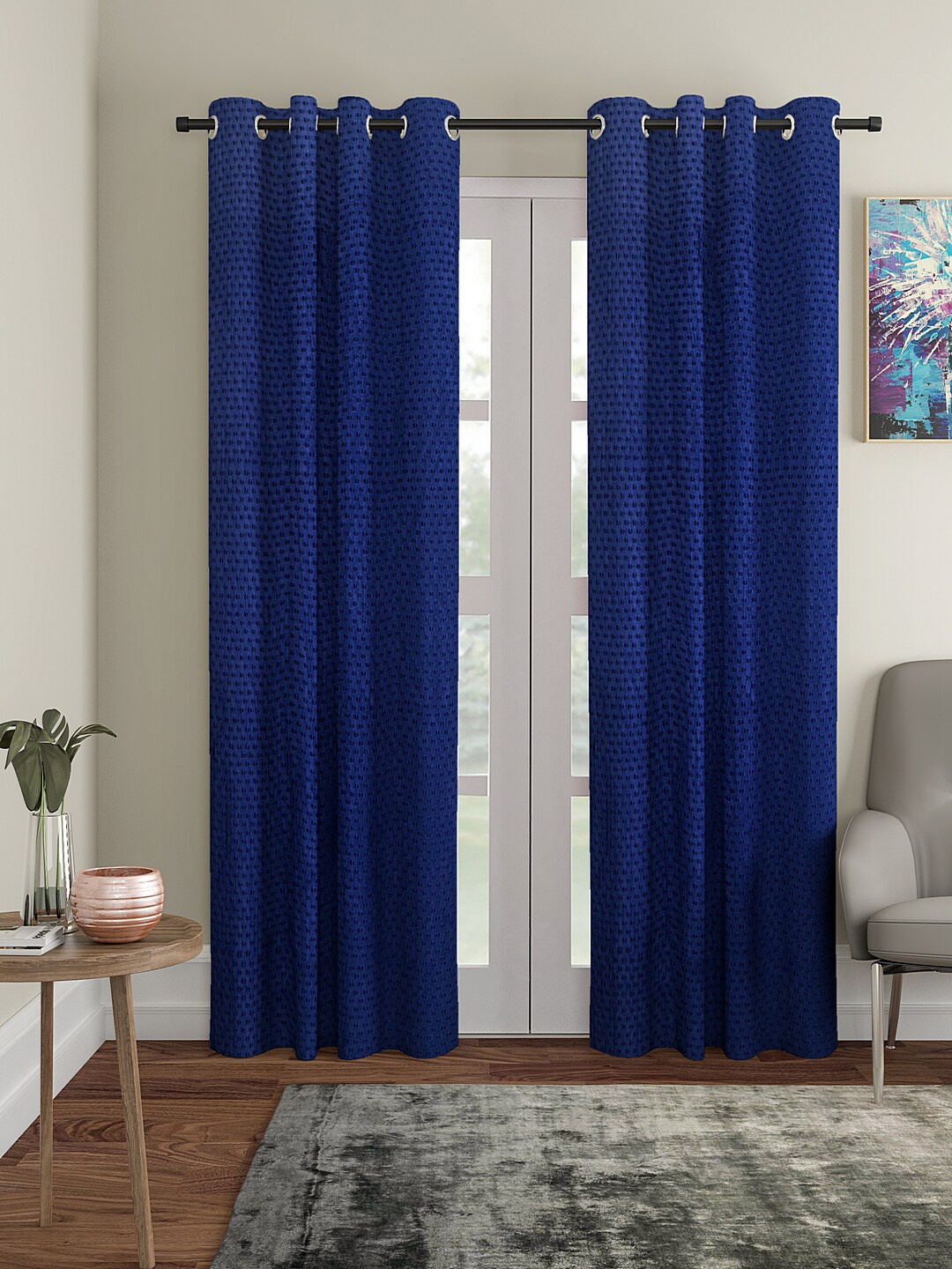 

Cortina Navy Blue Set of 2 Polka dots Embossed Plain Polyester Long Door Curtains