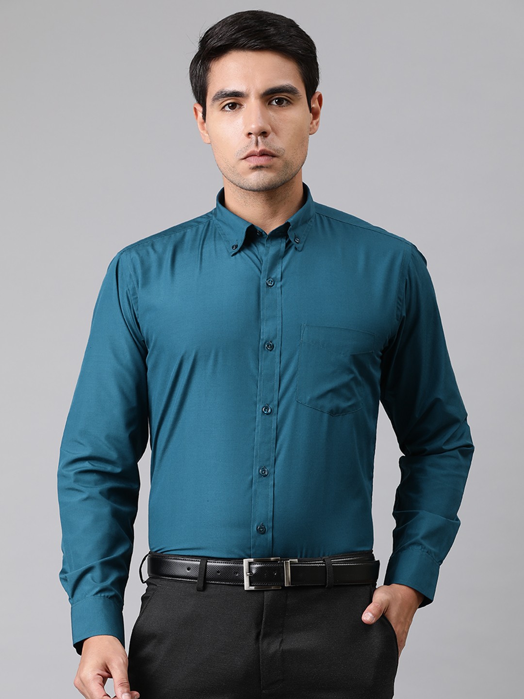 

English Navy Men Teal Blue Slim Fit Easy Iron Solid Formal Shirt