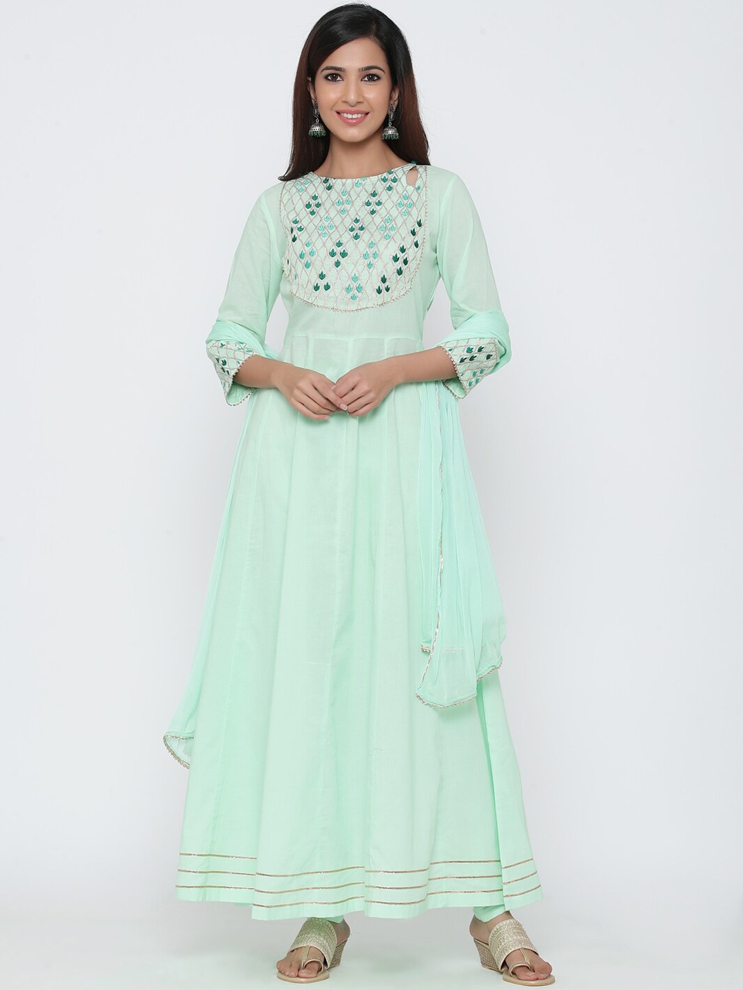 

Jaipur Kurti Women Sea Green Embroidered Kurta with Churidar & Dupatta