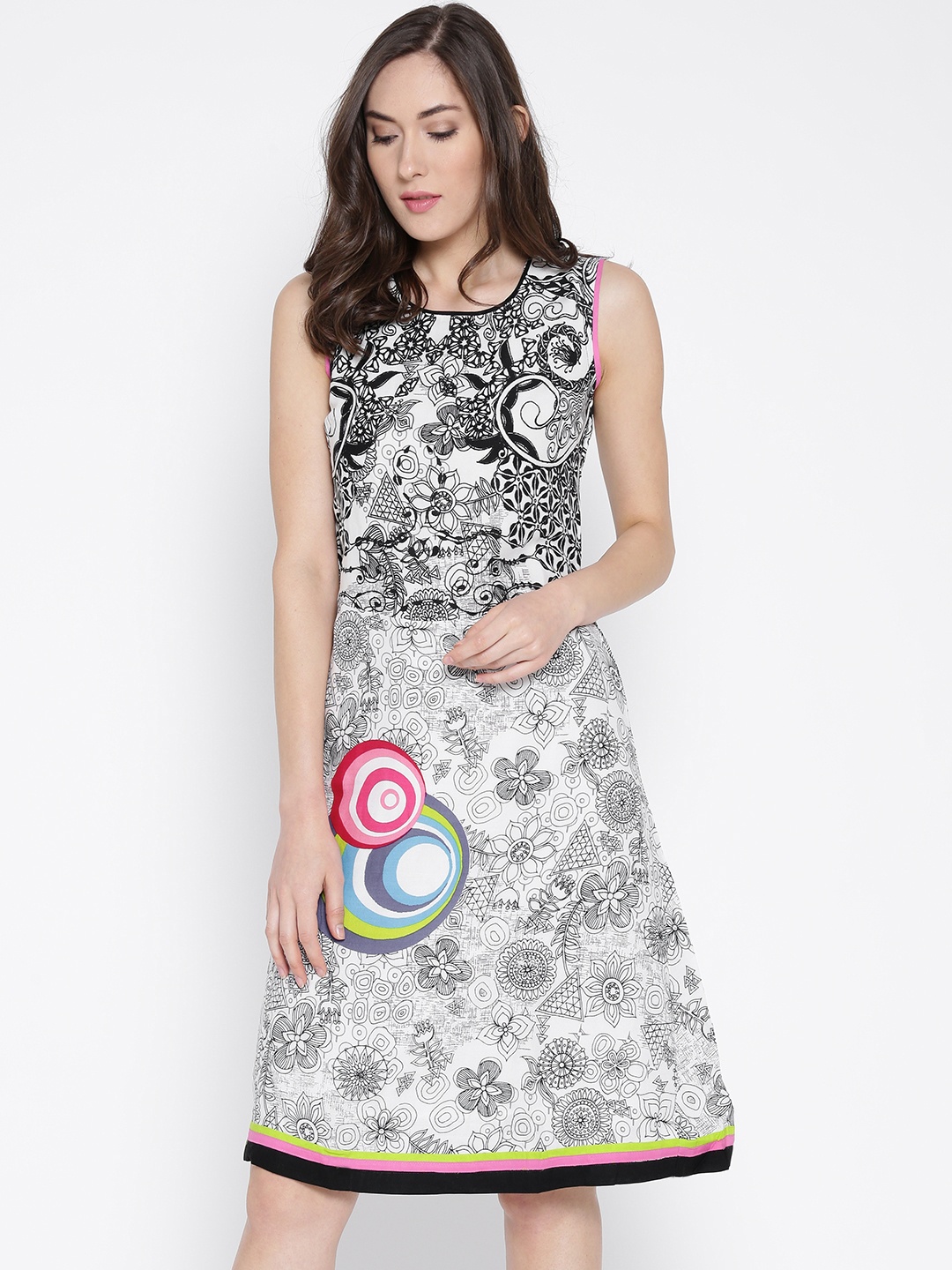 

BIBA Off-White & Black Printed A-Line Dress