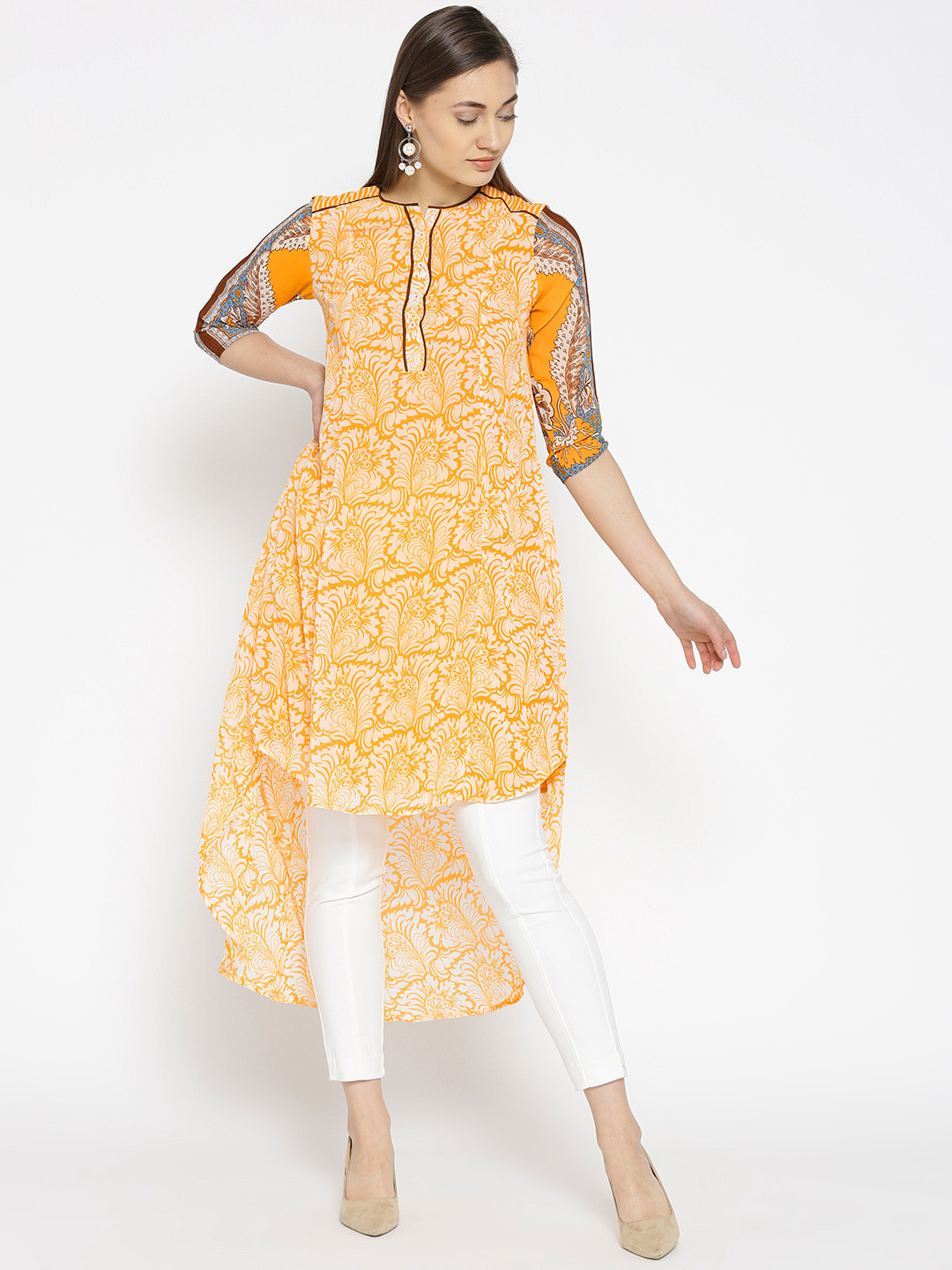 

BIBA Yellow & Off-White Printed High-Low Kurta