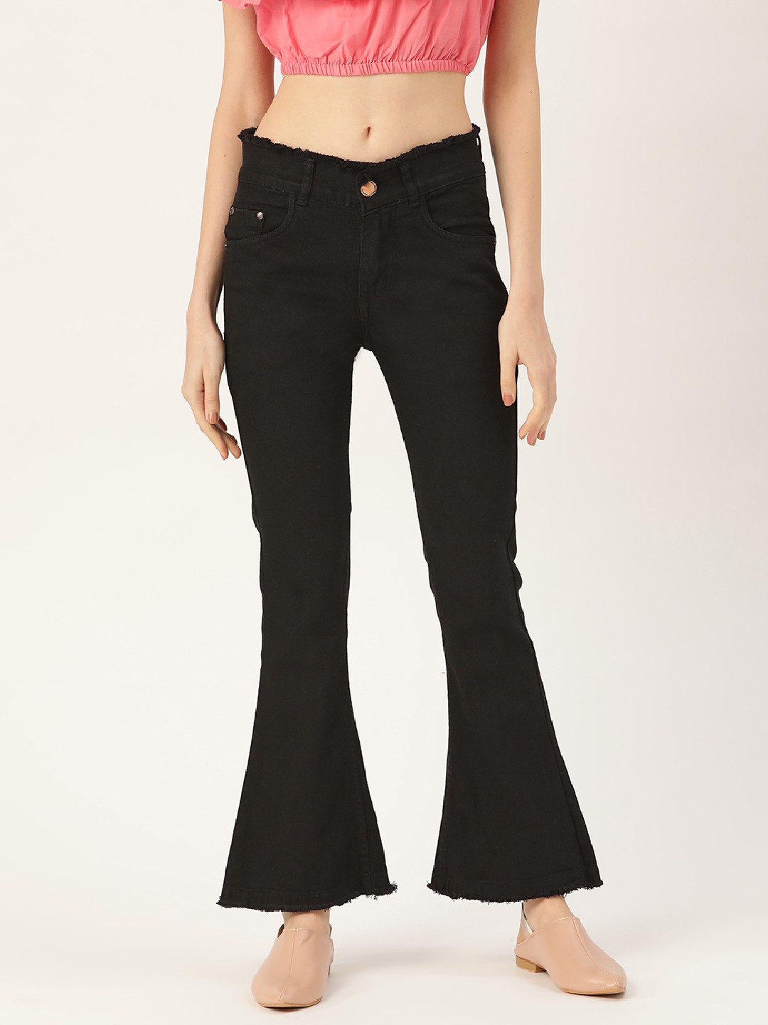 

PARIS HAMILTON Women Black Flared High-Rise Clean Look Stretchable Bellbottom Jeans