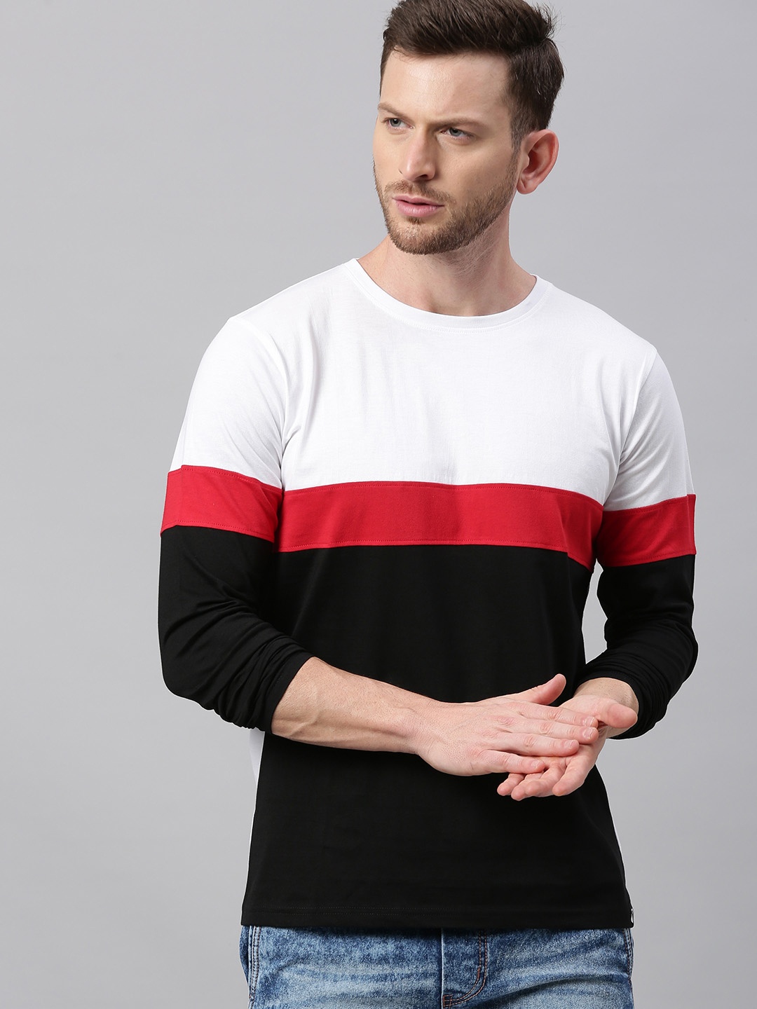 

Urbano Fashion Men White Black Slim Fit Colourblocked Round Neck Pure Cotton T-shirt