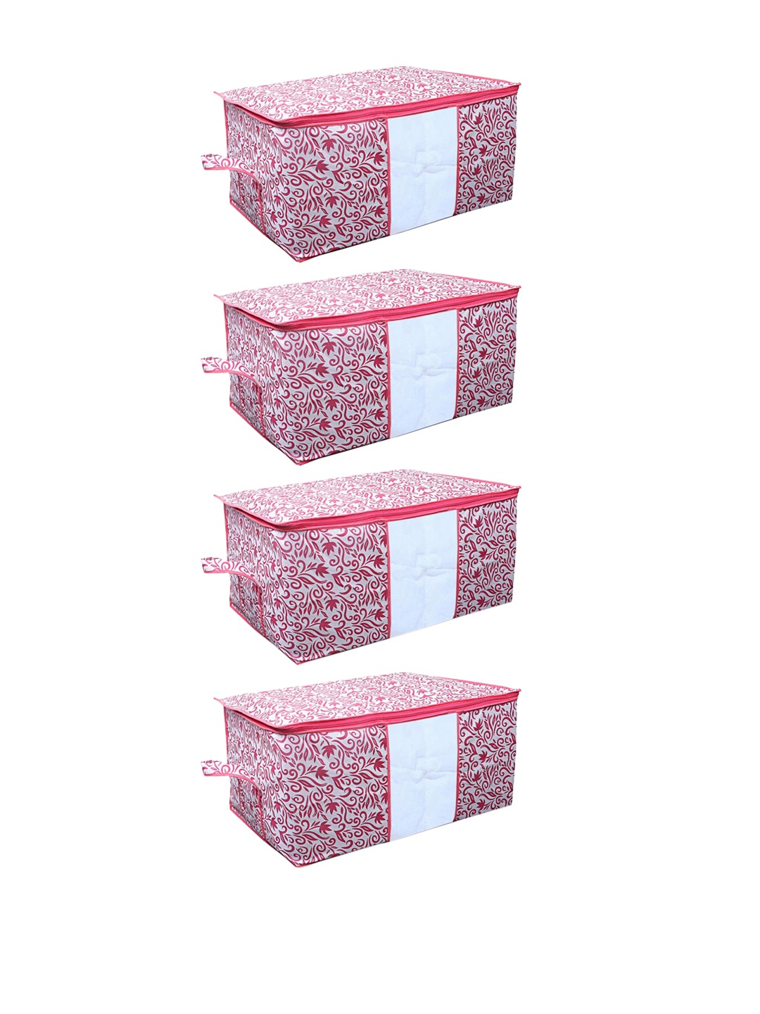 

Kuber Industries Set Of 4 White & Pink Leaf Printed Underbed Storage Bags With Transparent Window