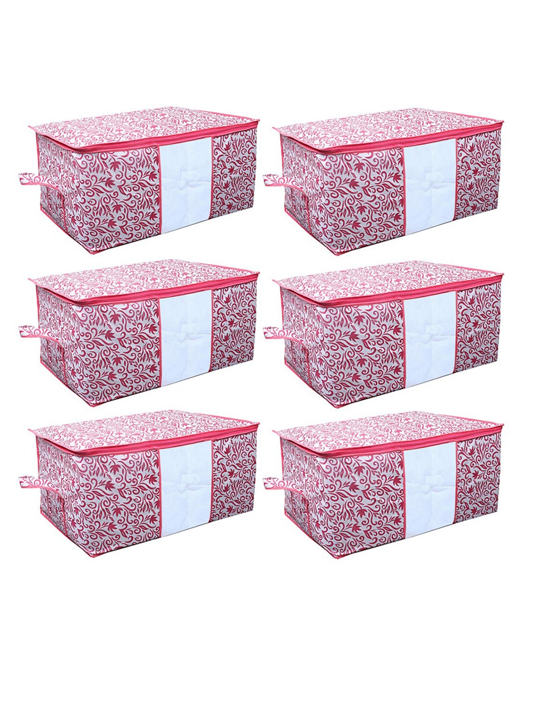 

Kuber Industries Set Of 6 White & Pink Leaf Printed Underbed Storage Bags With Transparent Window