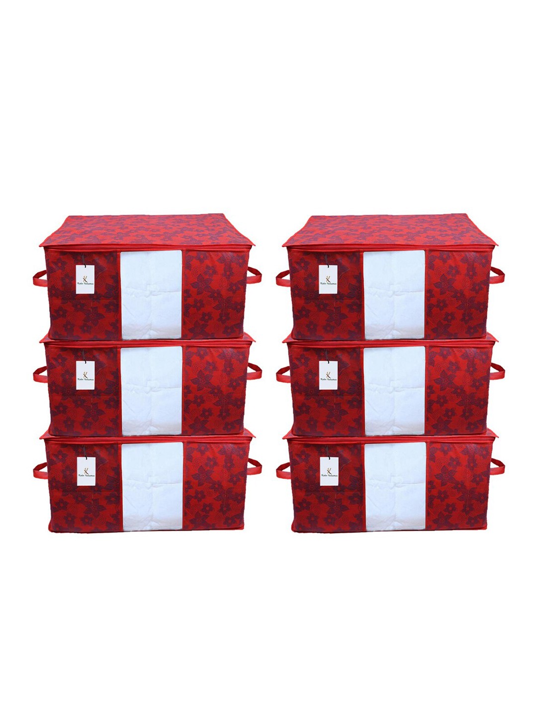 

Kuber Industries Set Of 6 Red Printed Underbed Large Storage Bags With Transparent Window