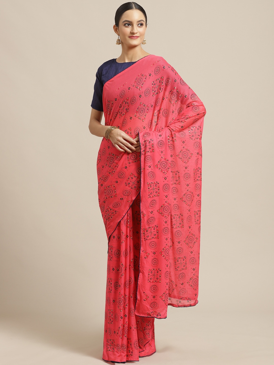 

Saree mall Pink & Blue Geometric Print Saree