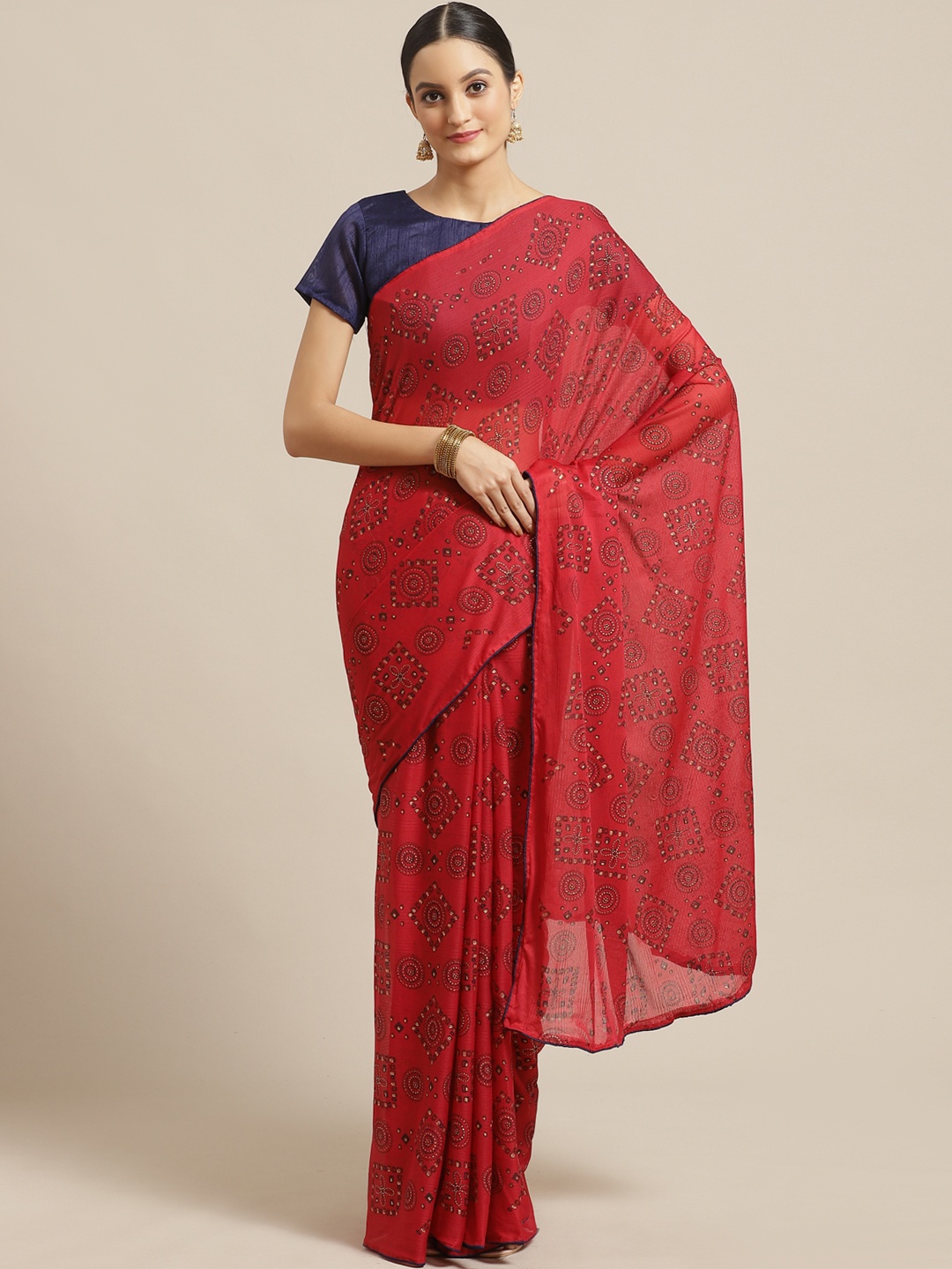 

Saree mall Red & Navy Blue Geometric Print Saree
