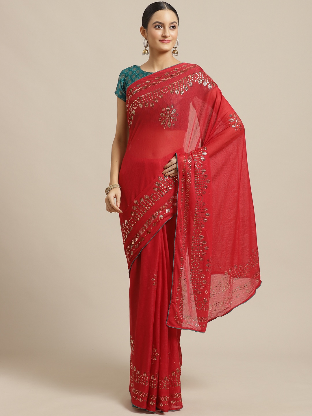 

Saree mall Red & Golden Embellished Saree