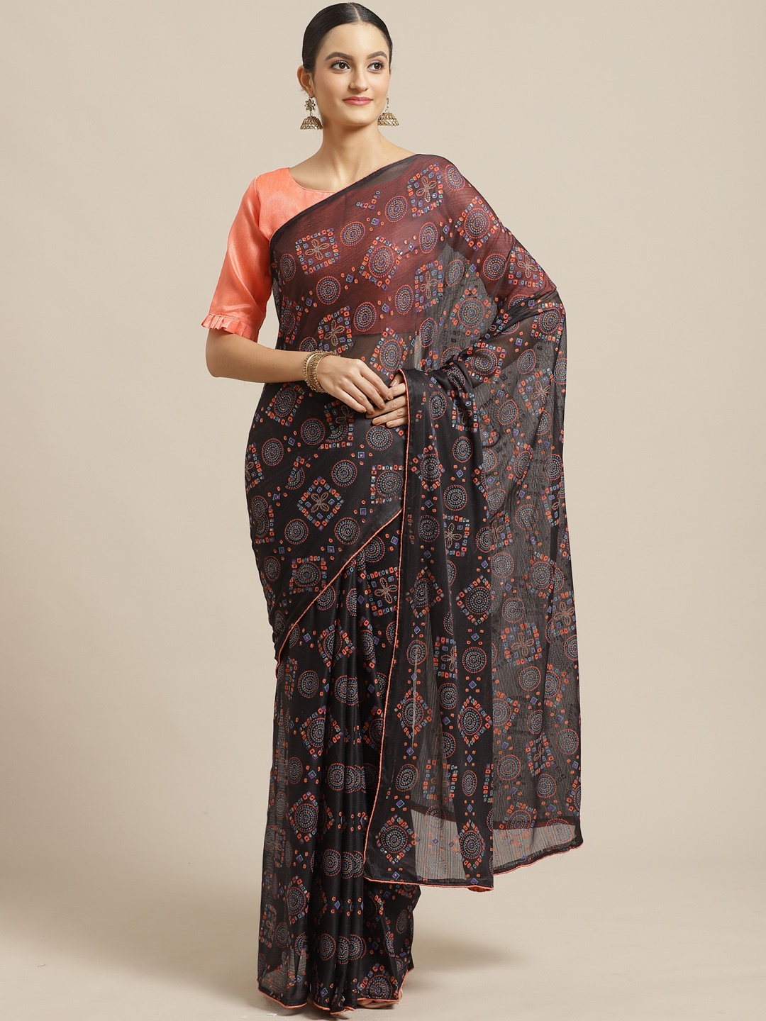 

Saree mall Black & Orange Geometric Print Saree