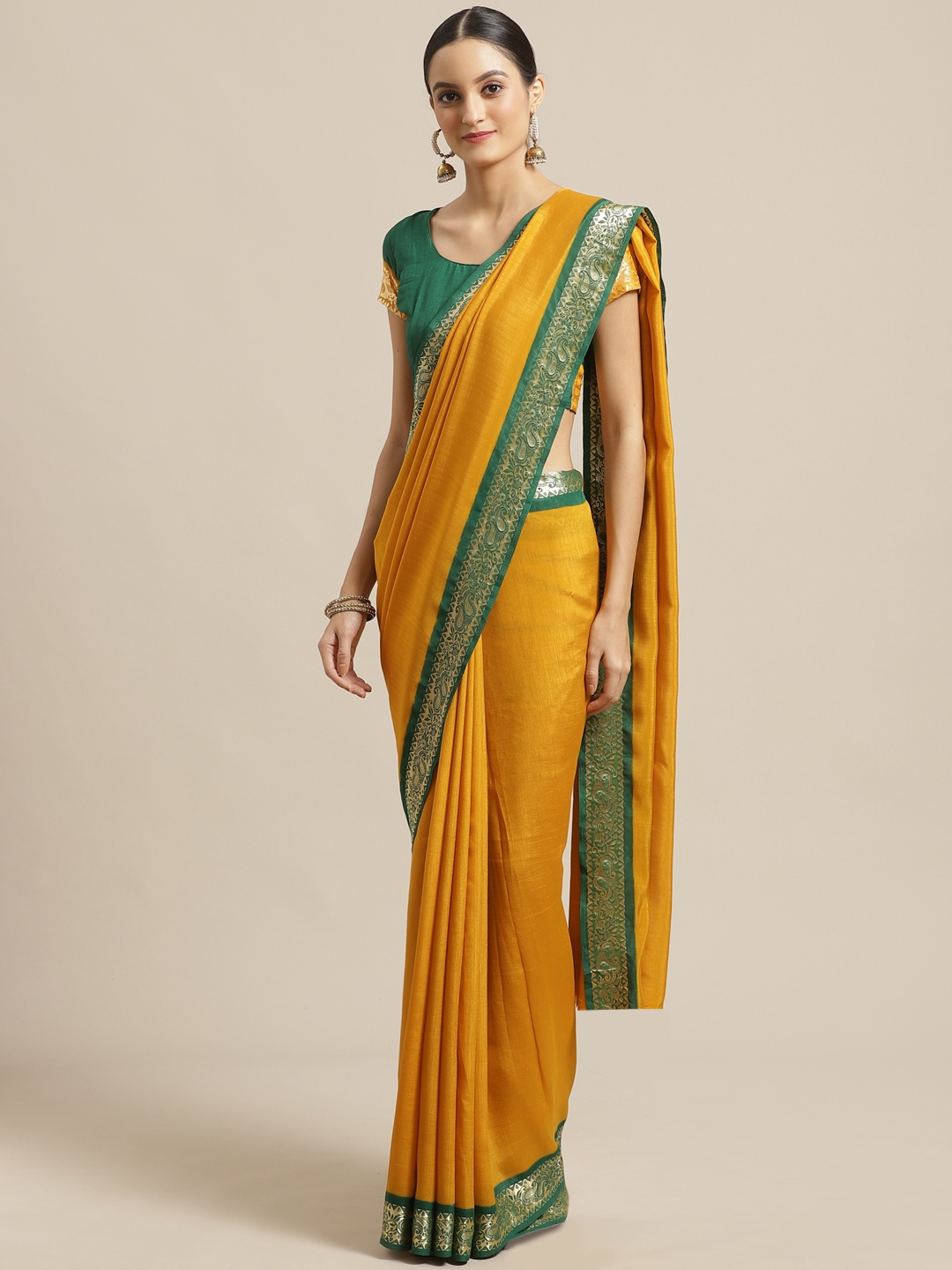 

Saree mall Mustard Yellow & Green Solid Saree