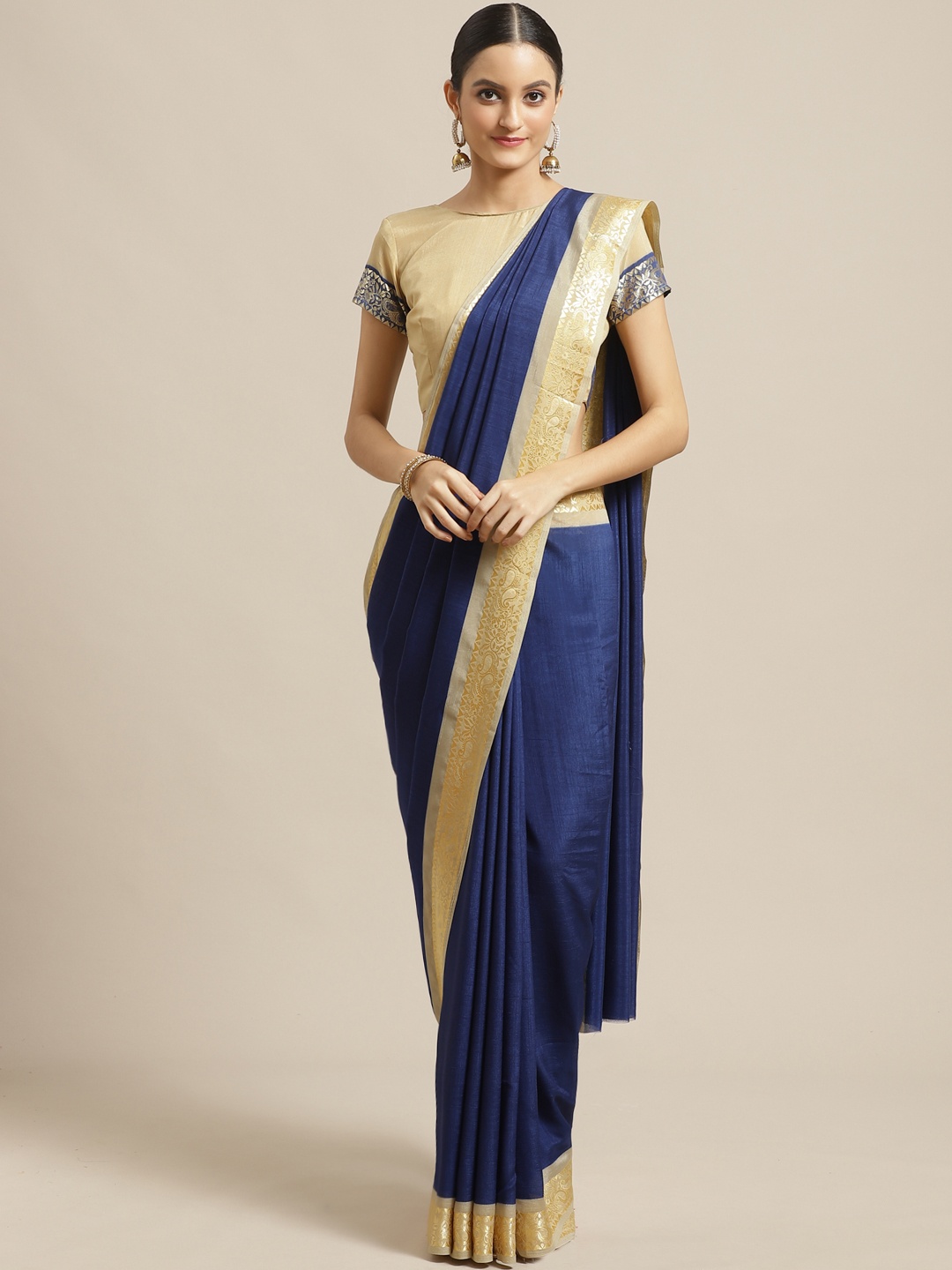

Saree mall Navy Blue & Beige Solid Saree