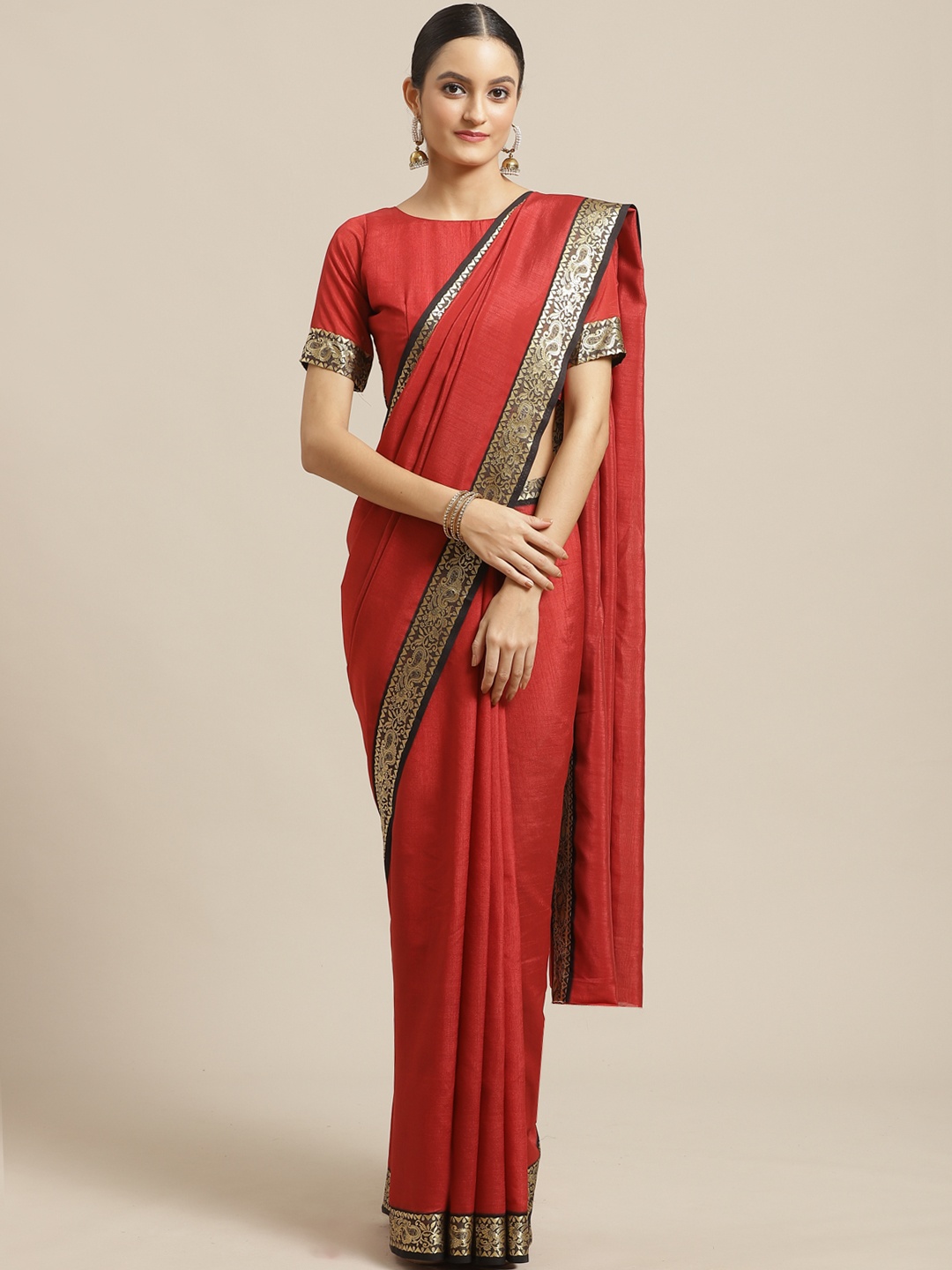 

Saree mall Red & Golden Solid Saree