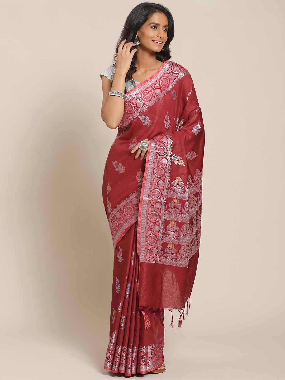 

swatika Maroon & Silver Zari Woven Design Banarasi Handloom Saree