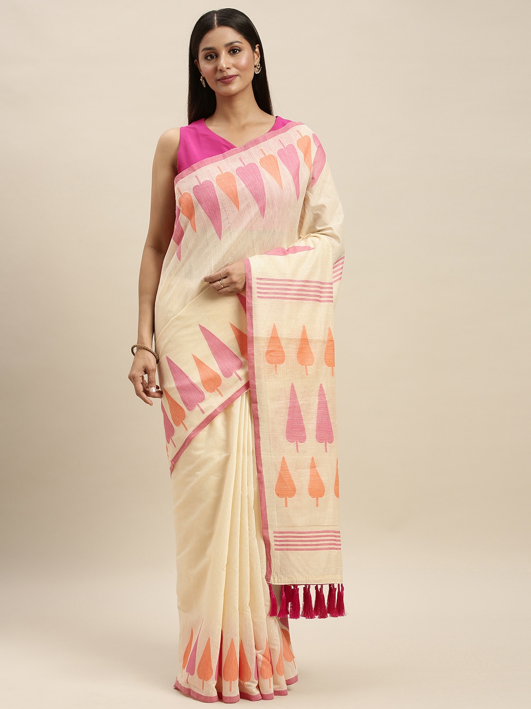 

VASTRANAND Cream-Coloured & Pink Linen Blend Woven Design Banarasi Saree