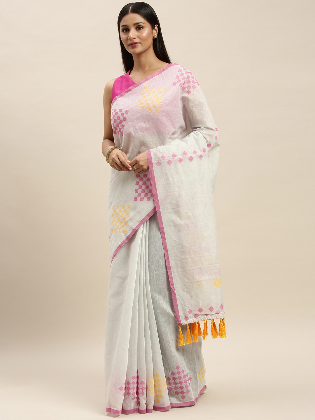 

VASTRANAND White Linen Blend Solid Banarasi Saree