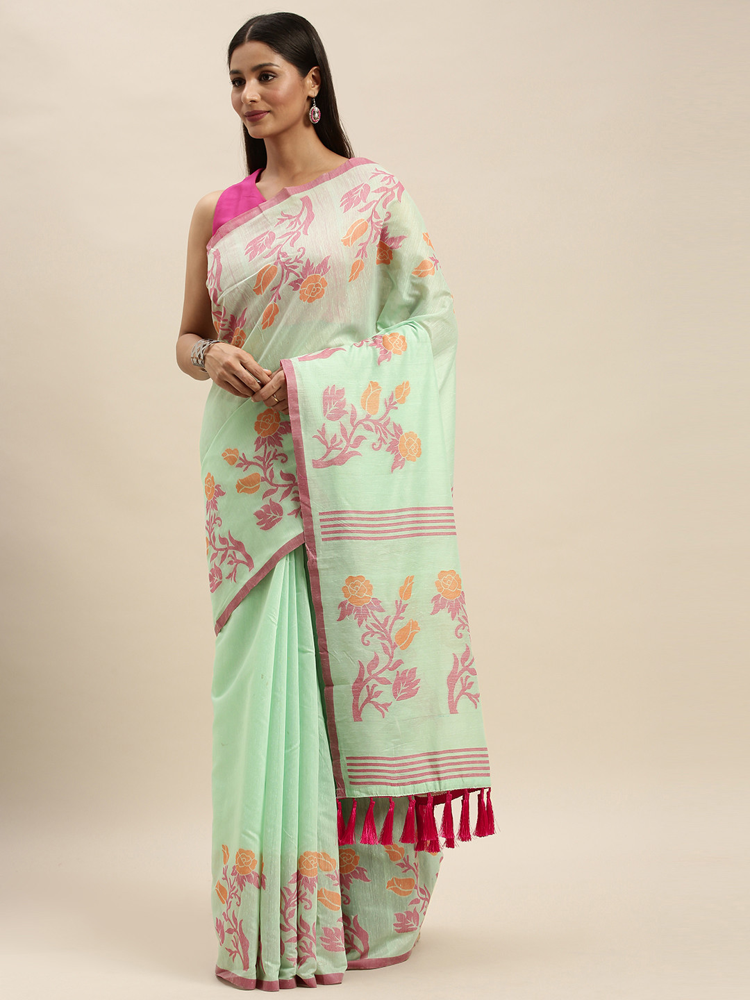 

VASTRANAND Sea Green & Pink Linen Blend Woven Design Banarasi Saree