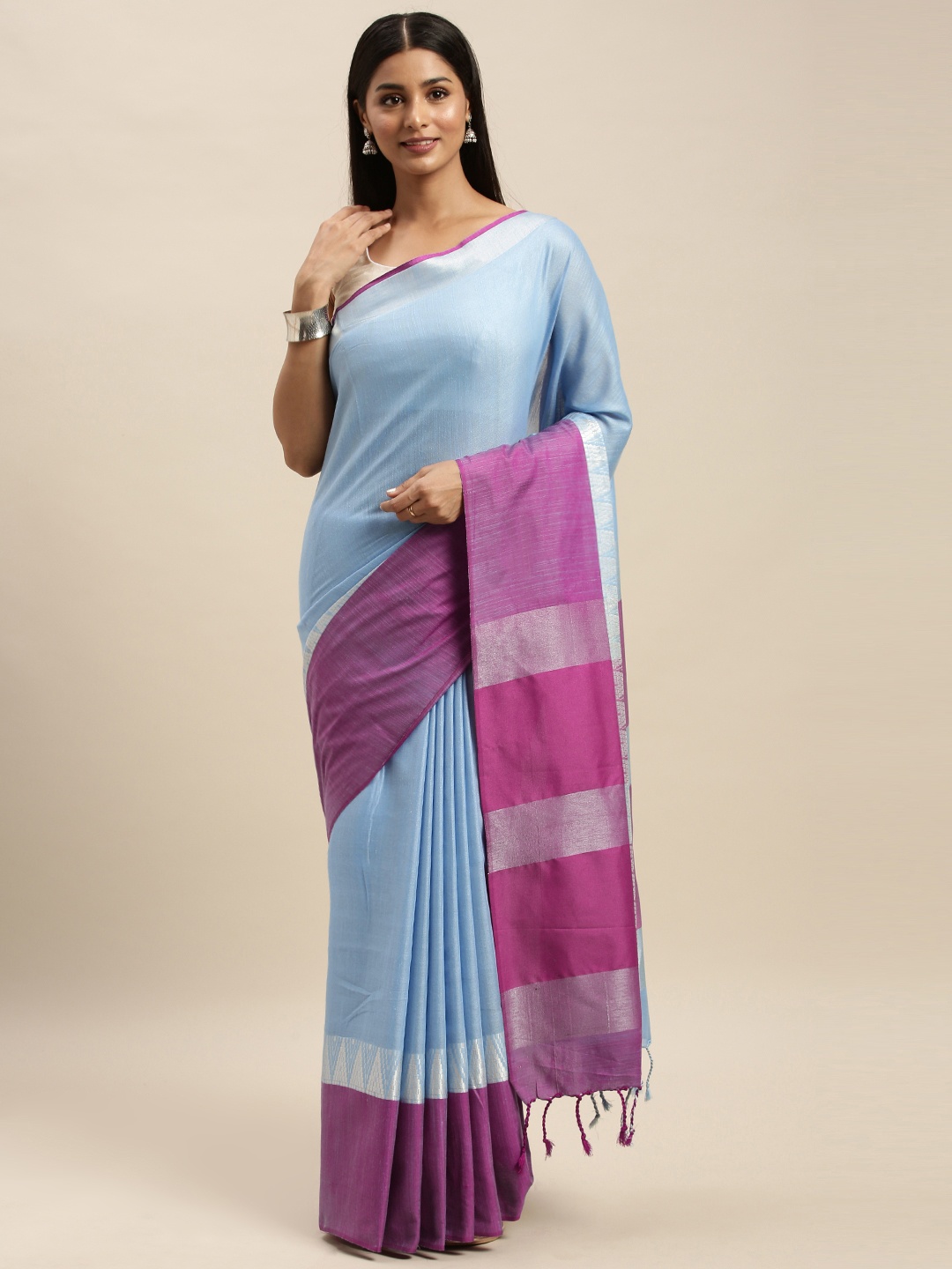 

VASTRANAND Blue & Pink Linen Blend Solid Banarasi Saree