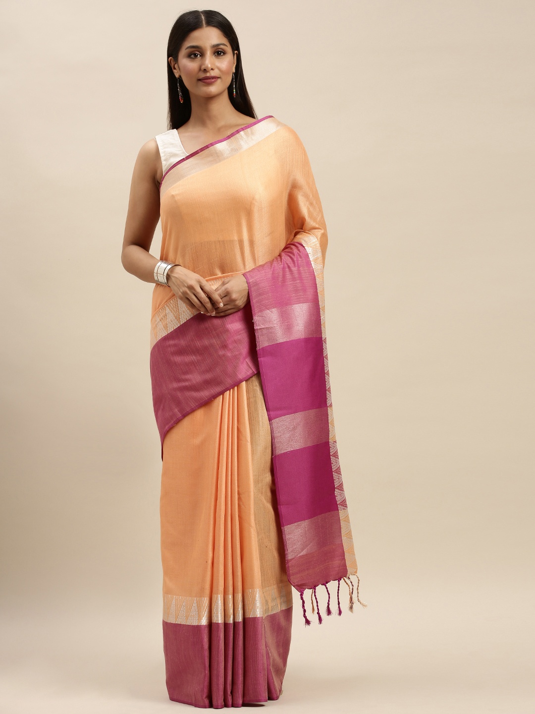 

VASTRANAND Orange & Pink Linen Blend Solid Banarasi Saree