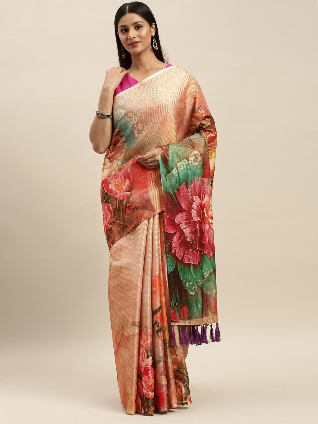 

VASTRANAND Camel Brown Art Silk Printed Maheshwari Saree