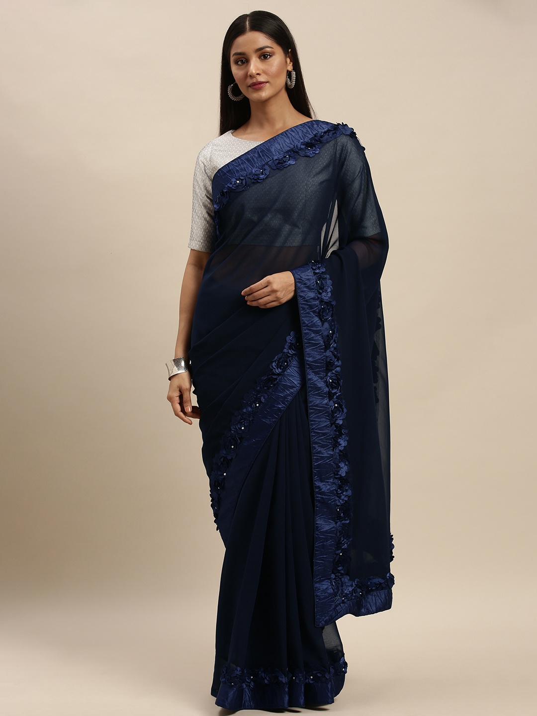 

VASTRANAND Navy Blue Embellished Poly Georgette Saree