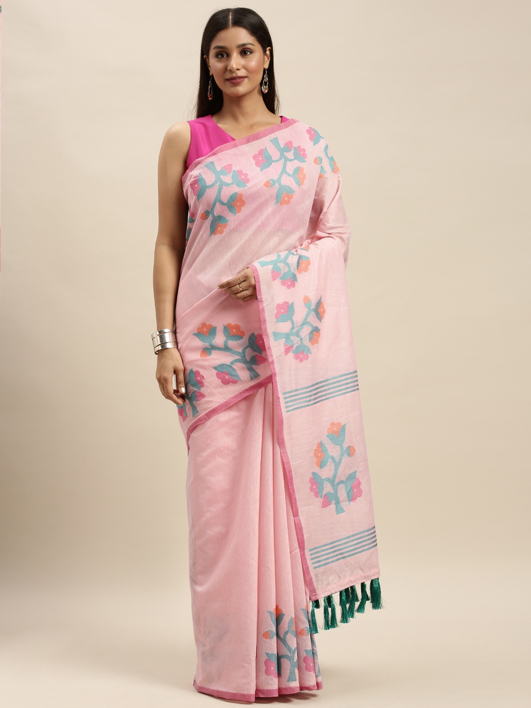 

VASTRANAND Pink & Blue Linen Blend Woven Design Banarasi Saree