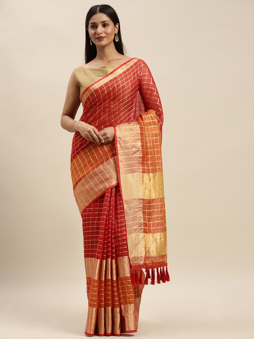 

VASTRANAND Red & Mustard Yellow Supernet Checked Kota Saree